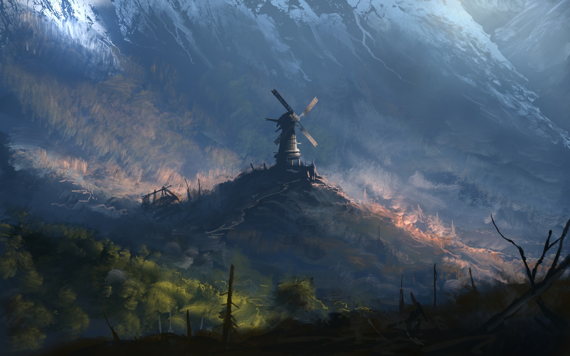 Artwork of a windmill on a mountain HD Wallpaper