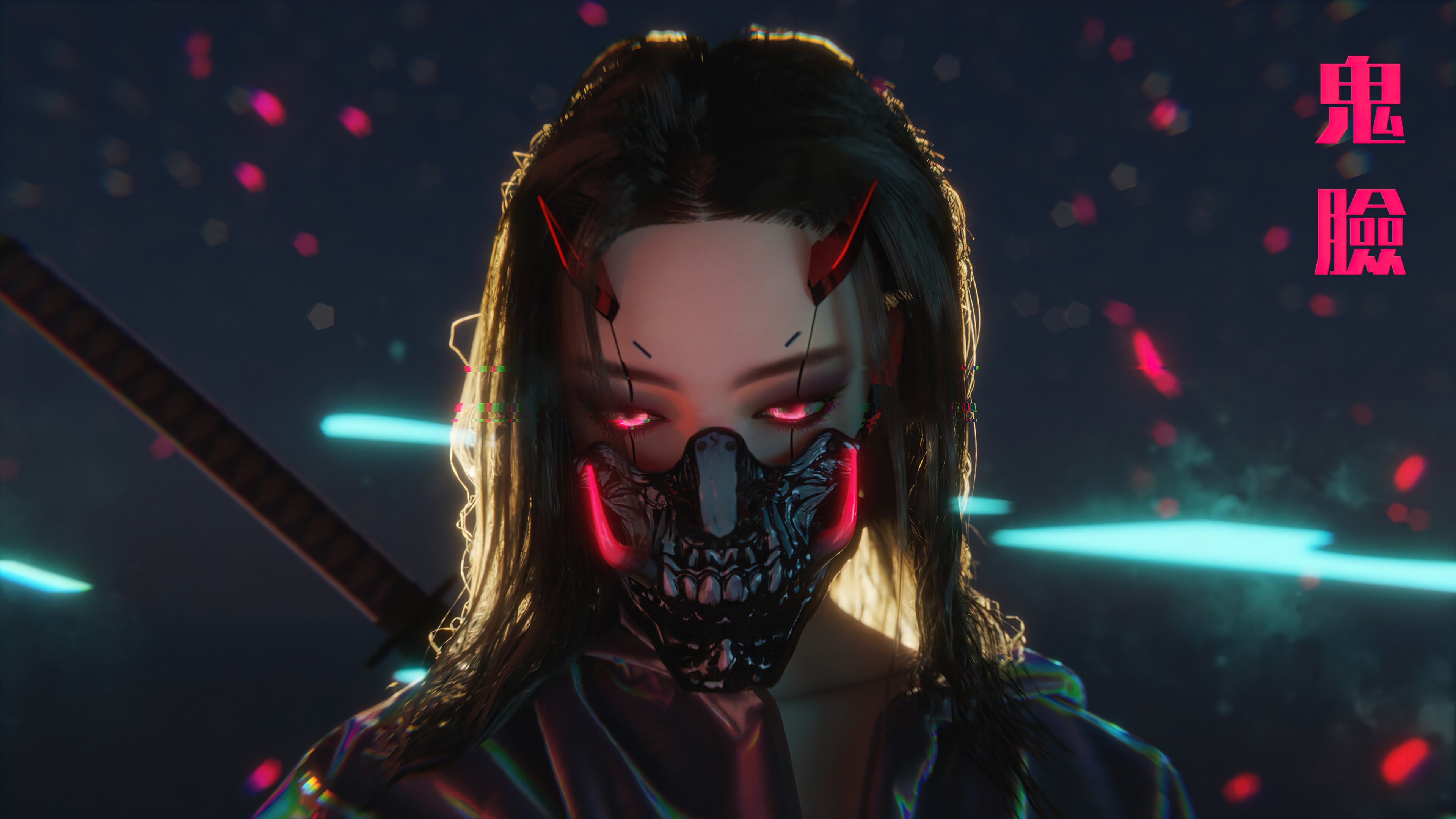 Cyberpunk woman with mask and sword HD Wallpaper