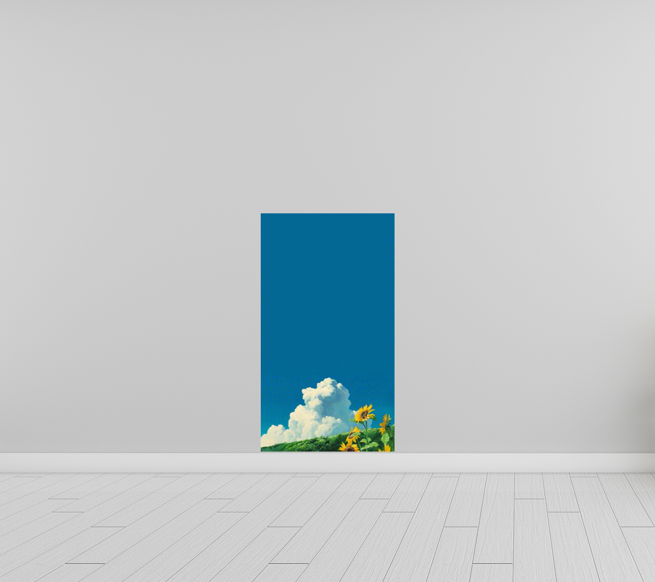 Painting of sunflowers and clouds under a blue sky HD Wallpaper