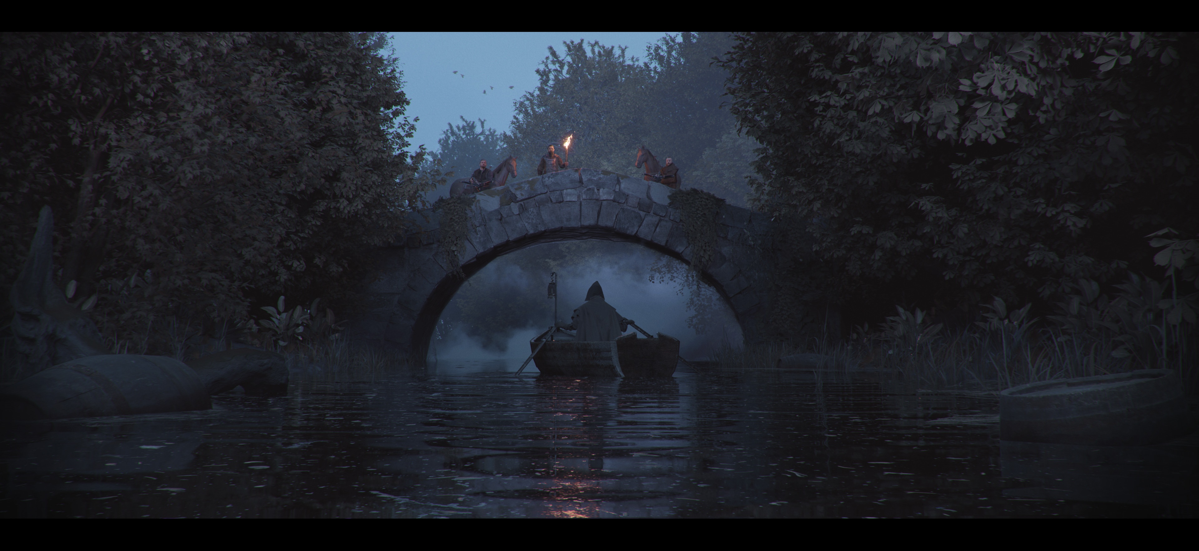 Medieval bridge with figures and a boat on a river HD Wallpaper