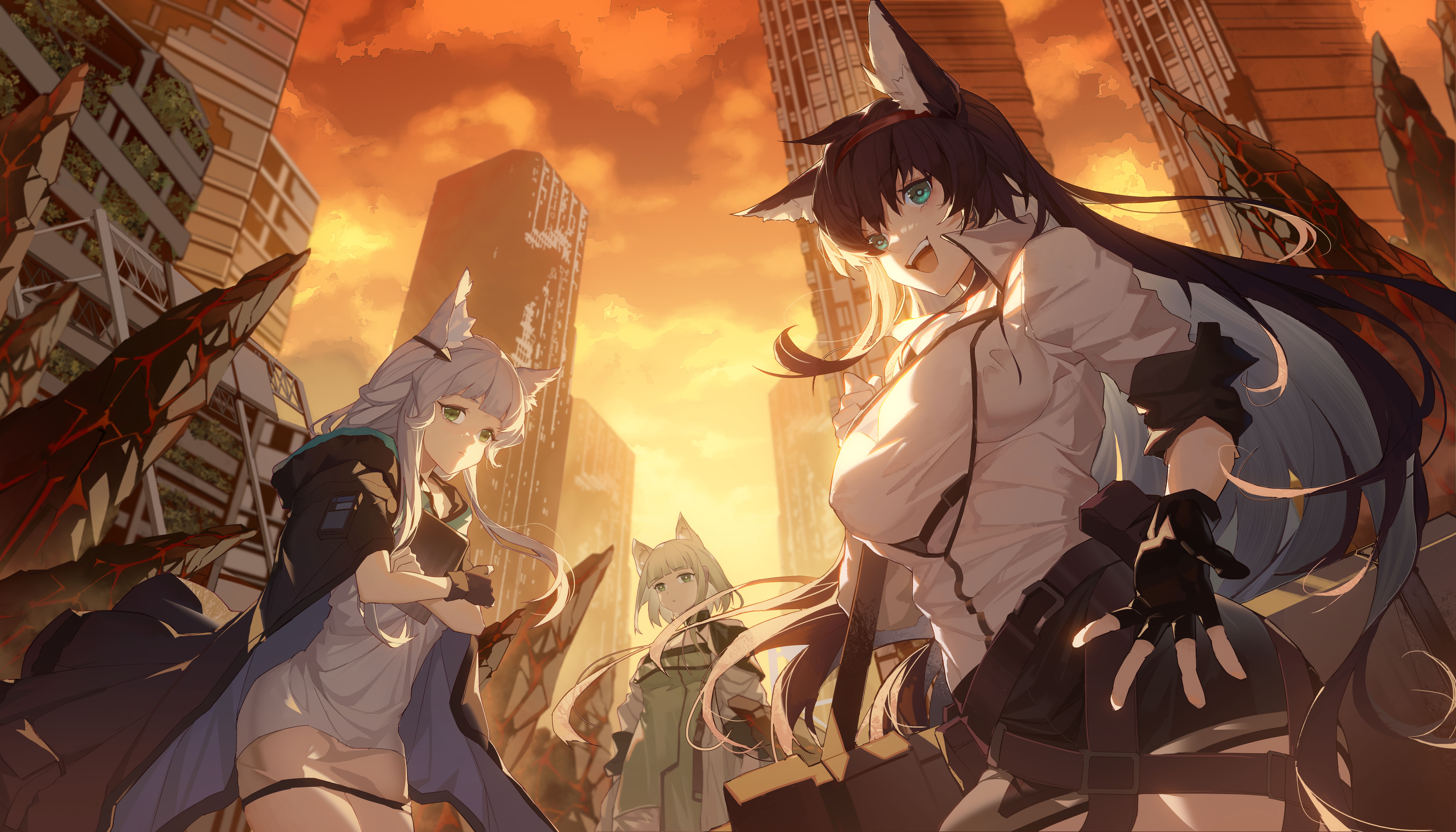 Arknights: Kaltsit, Blaze, and Rosmontis in ruined city HD Wallpaper
