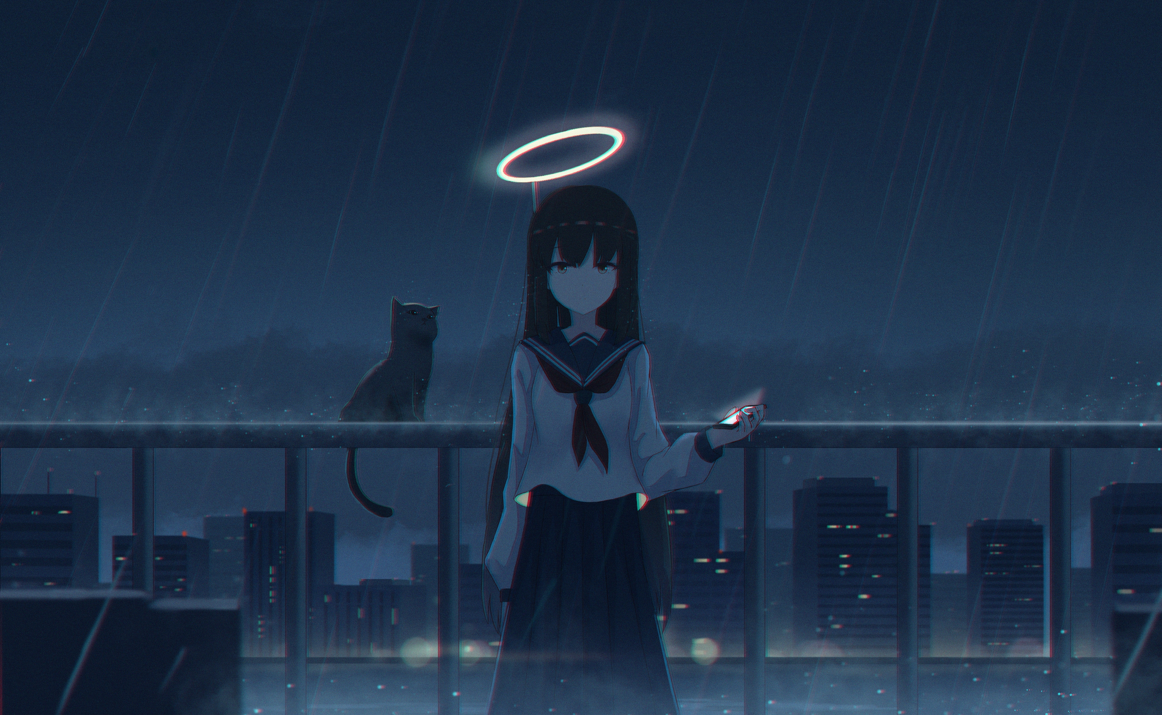 Girl with Halo and Cat in Rain HD Wallpaper