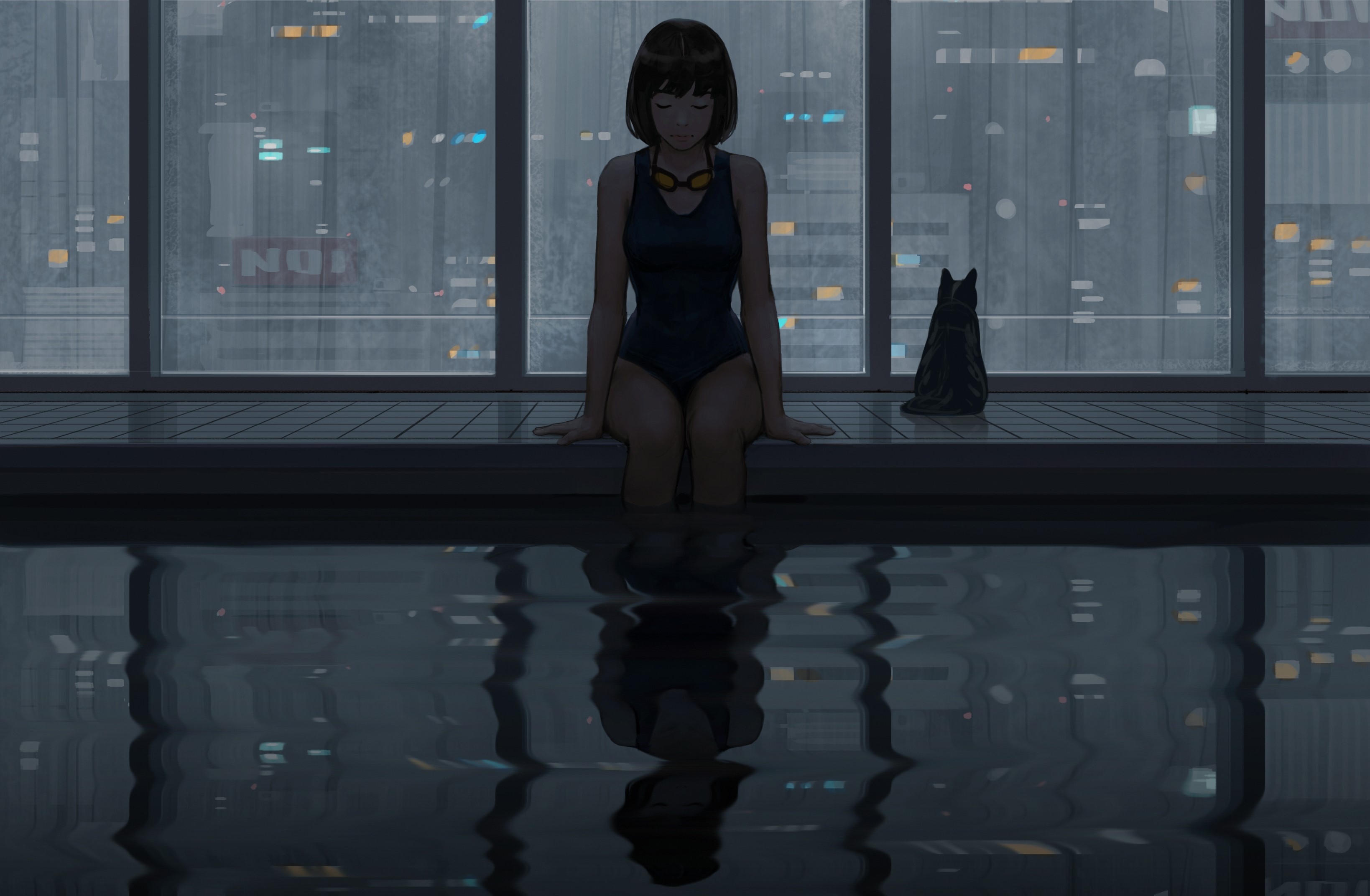 Girl in swimsuit with cat by indoor swimming pool HD Wallpaper