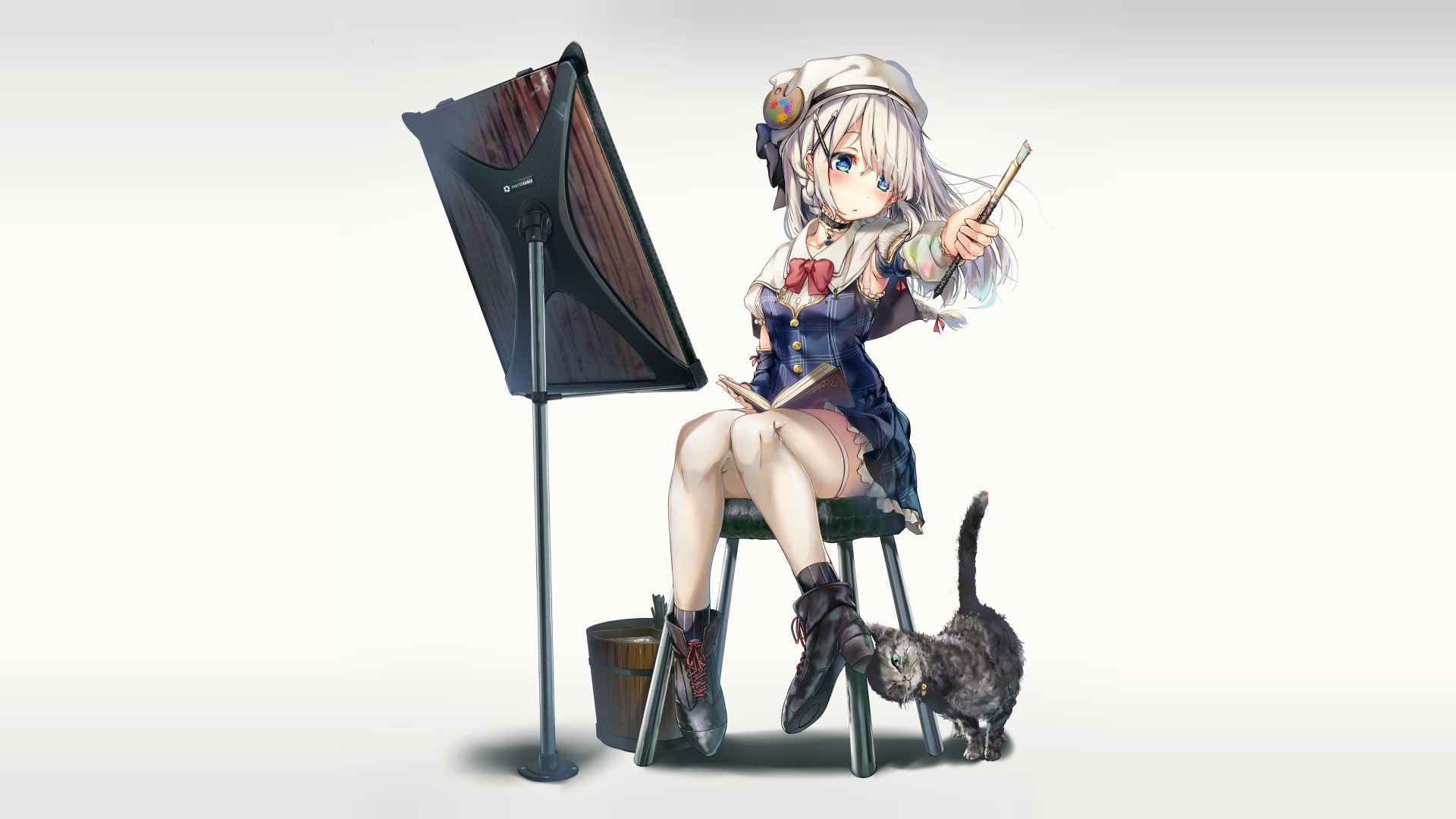 Wingheart girl painting with cat and easel HD Wallpaper