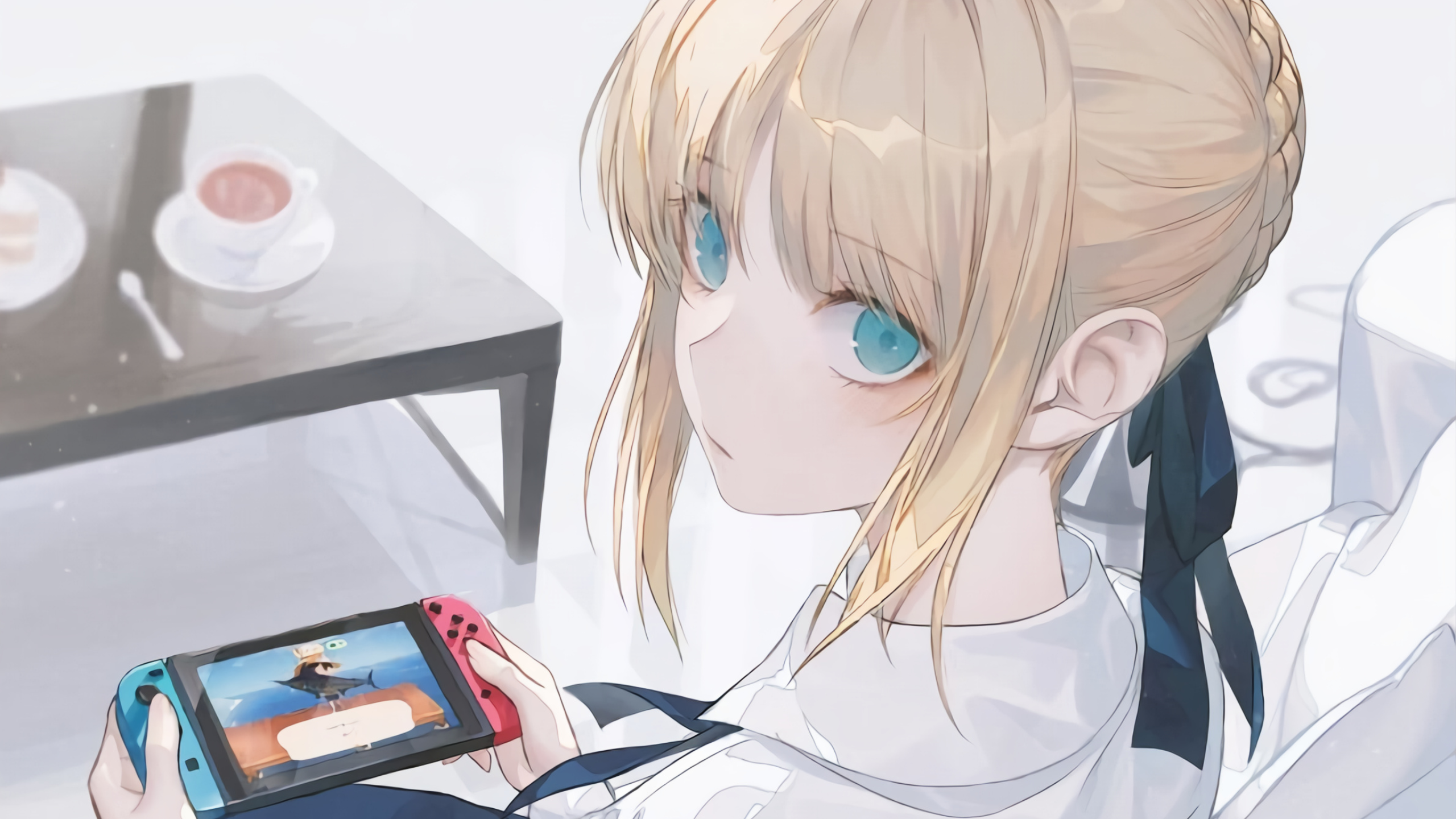 Saber playing Nintendo Switch with tea on table HD Wallpaper