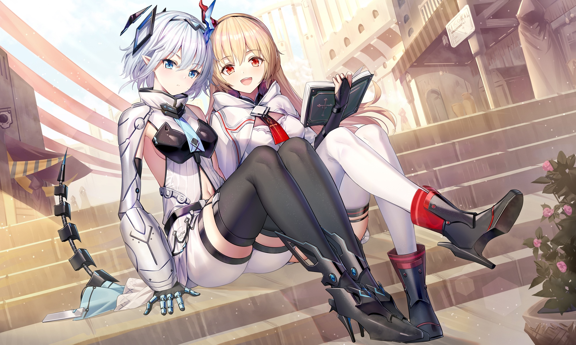 Two anime girls with blonde and silver hair sitting on steps HD Wallpaper