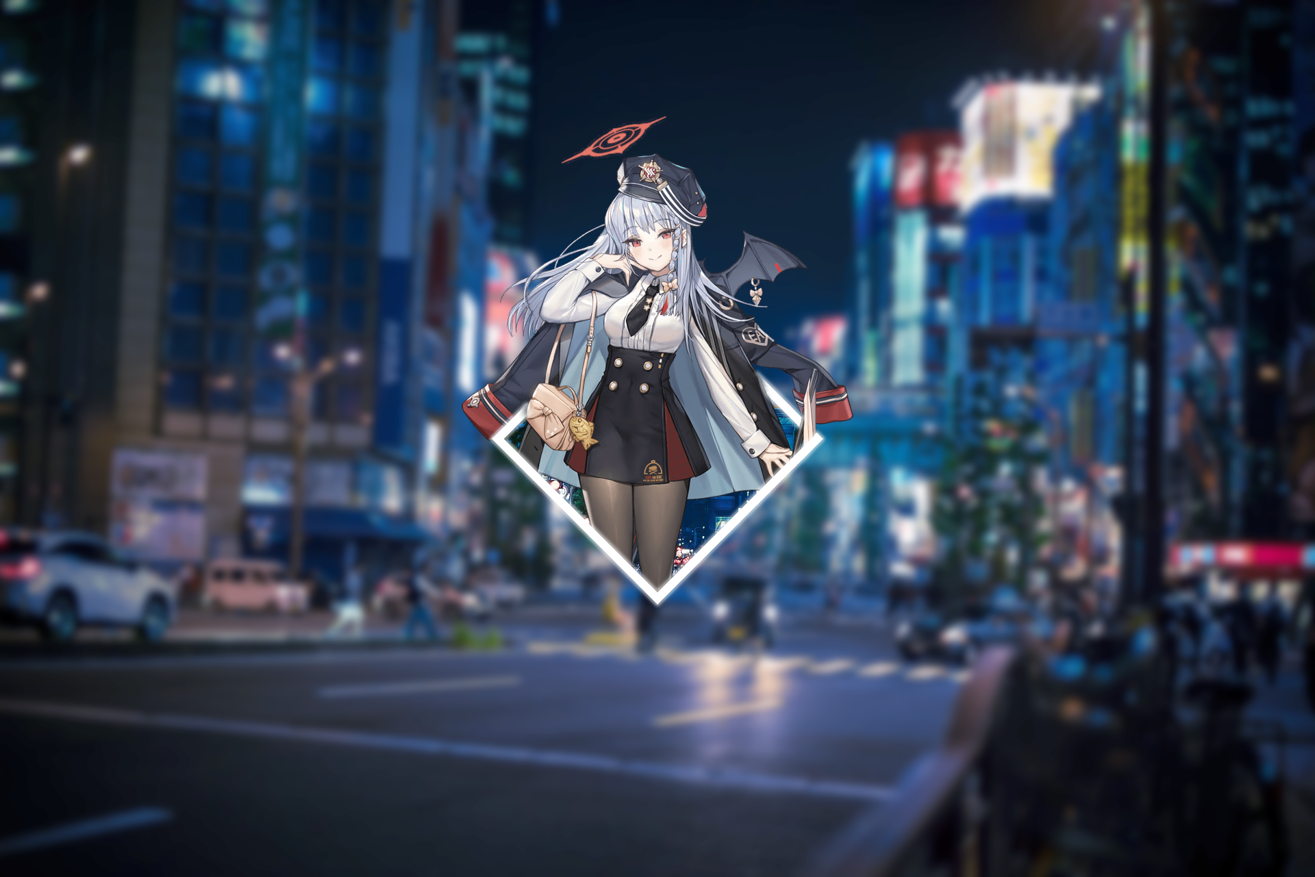 Haruna from Blue Archive in a city at night HD Wallpaper