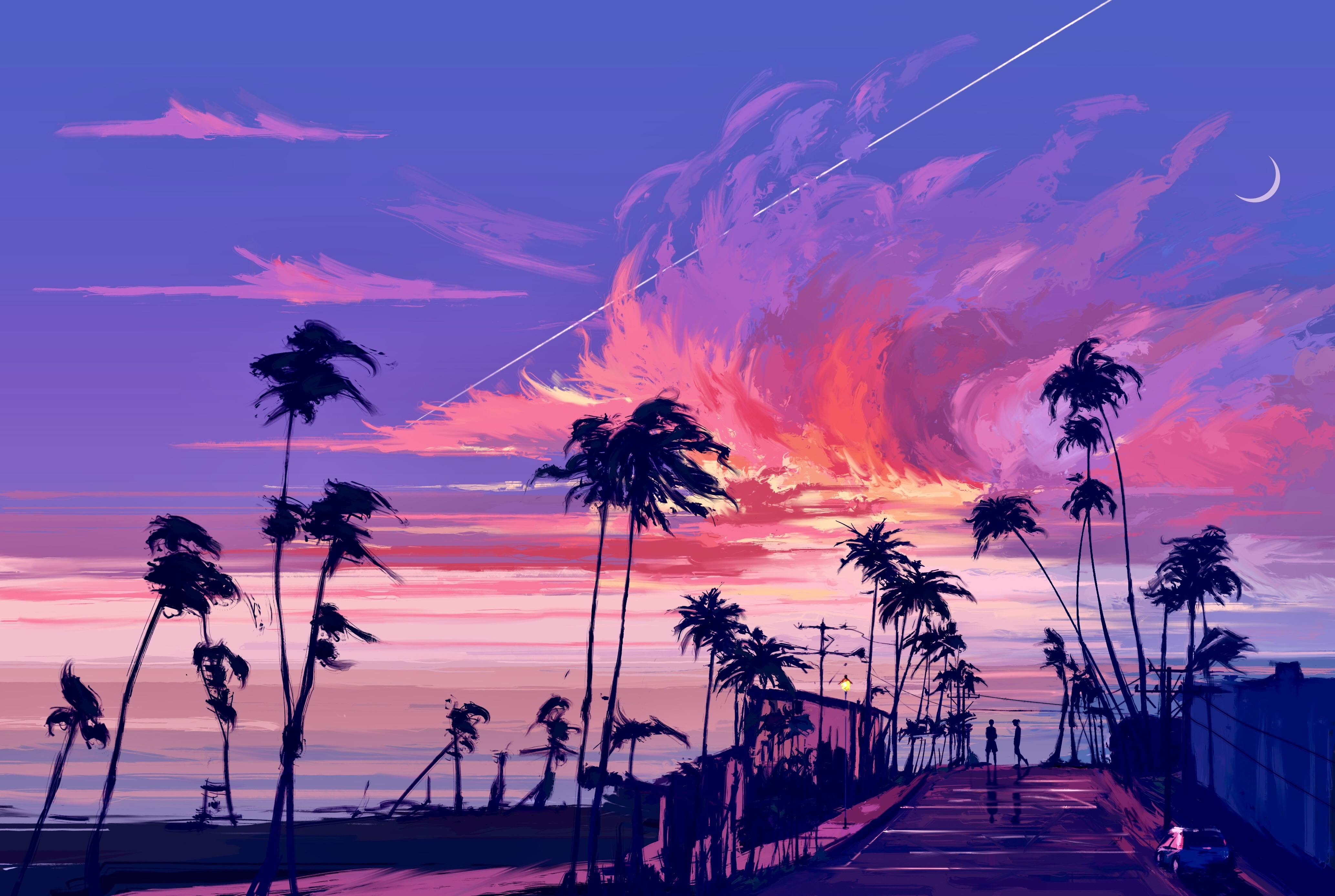 4K digital painting of a sunset with palm trees HD Wallpaper