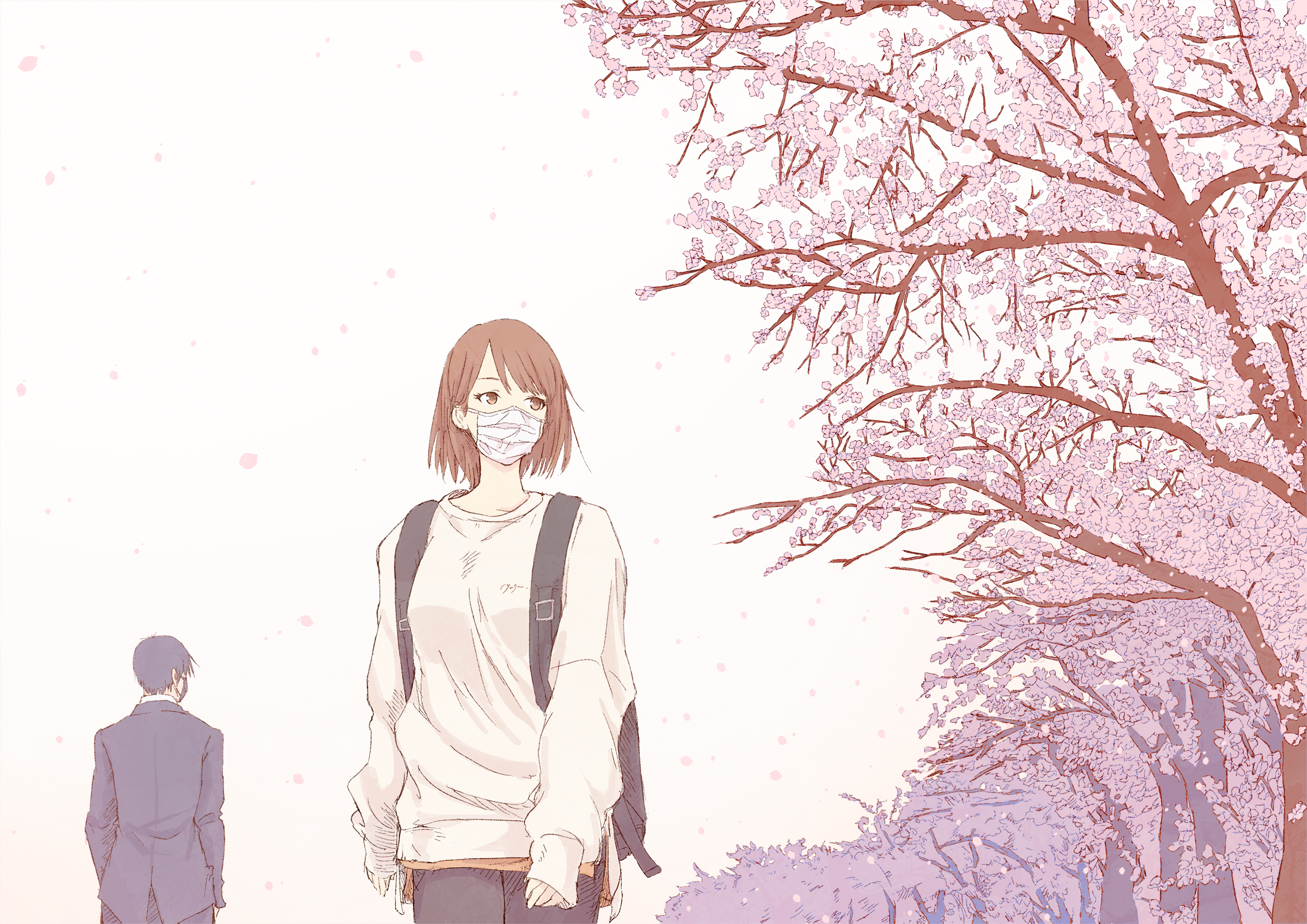 Girl in mask and boy in suit under cherry blossoms HD Wallpaper