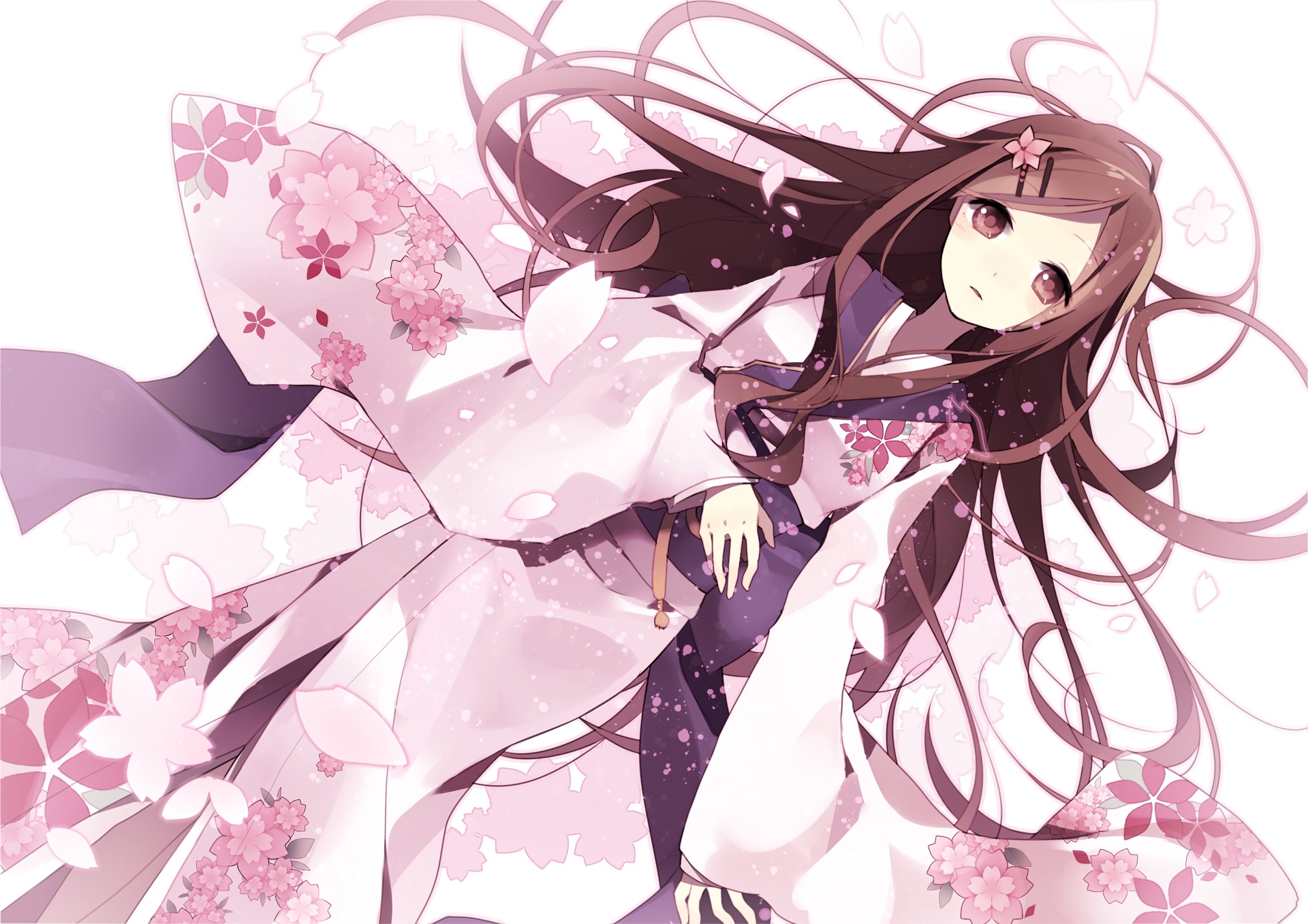 Anime girl in a pink floral kimono HD Wallpaper