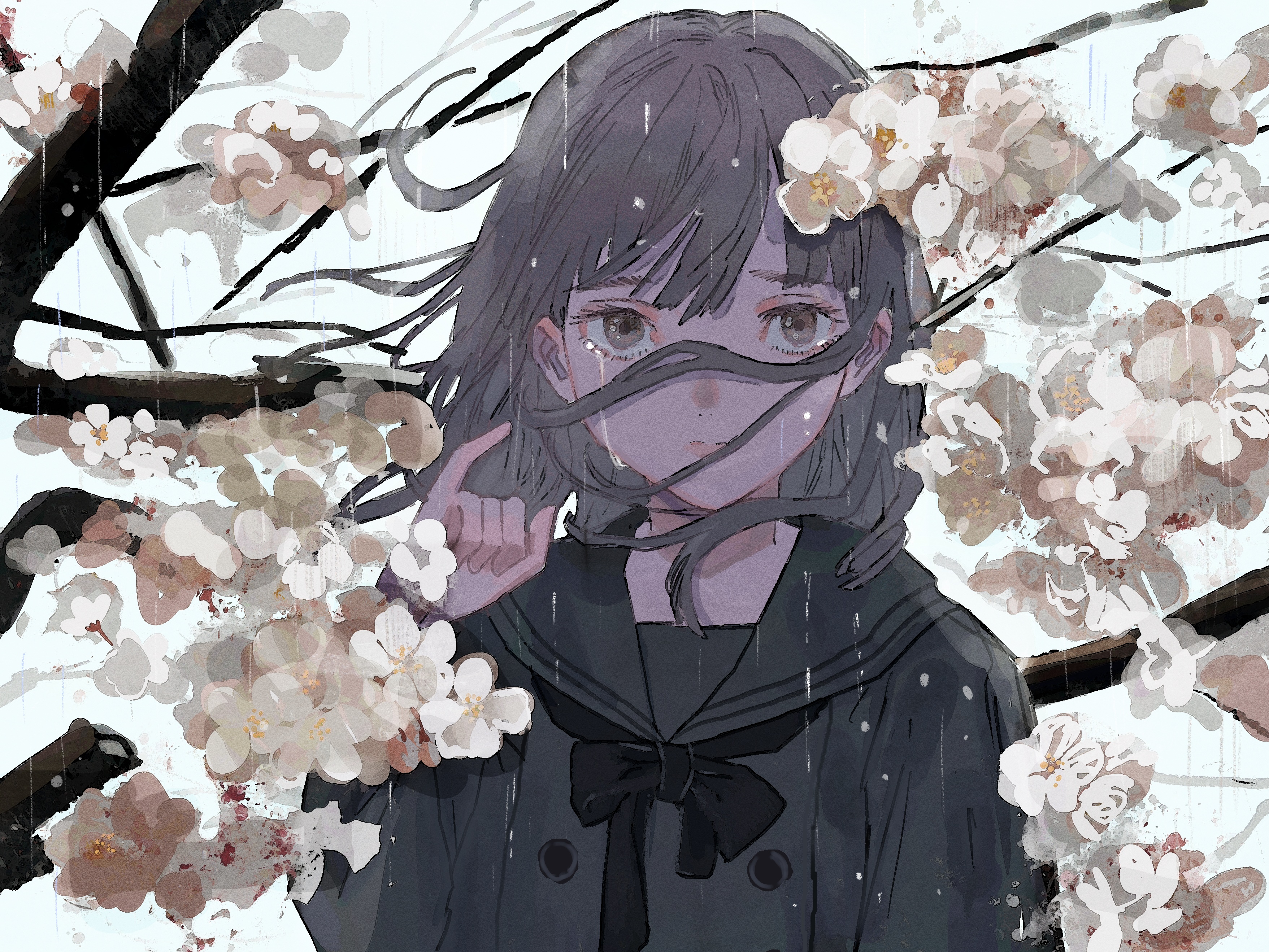 Anime girl with cherry blossoms in the rain HD Wallpaper