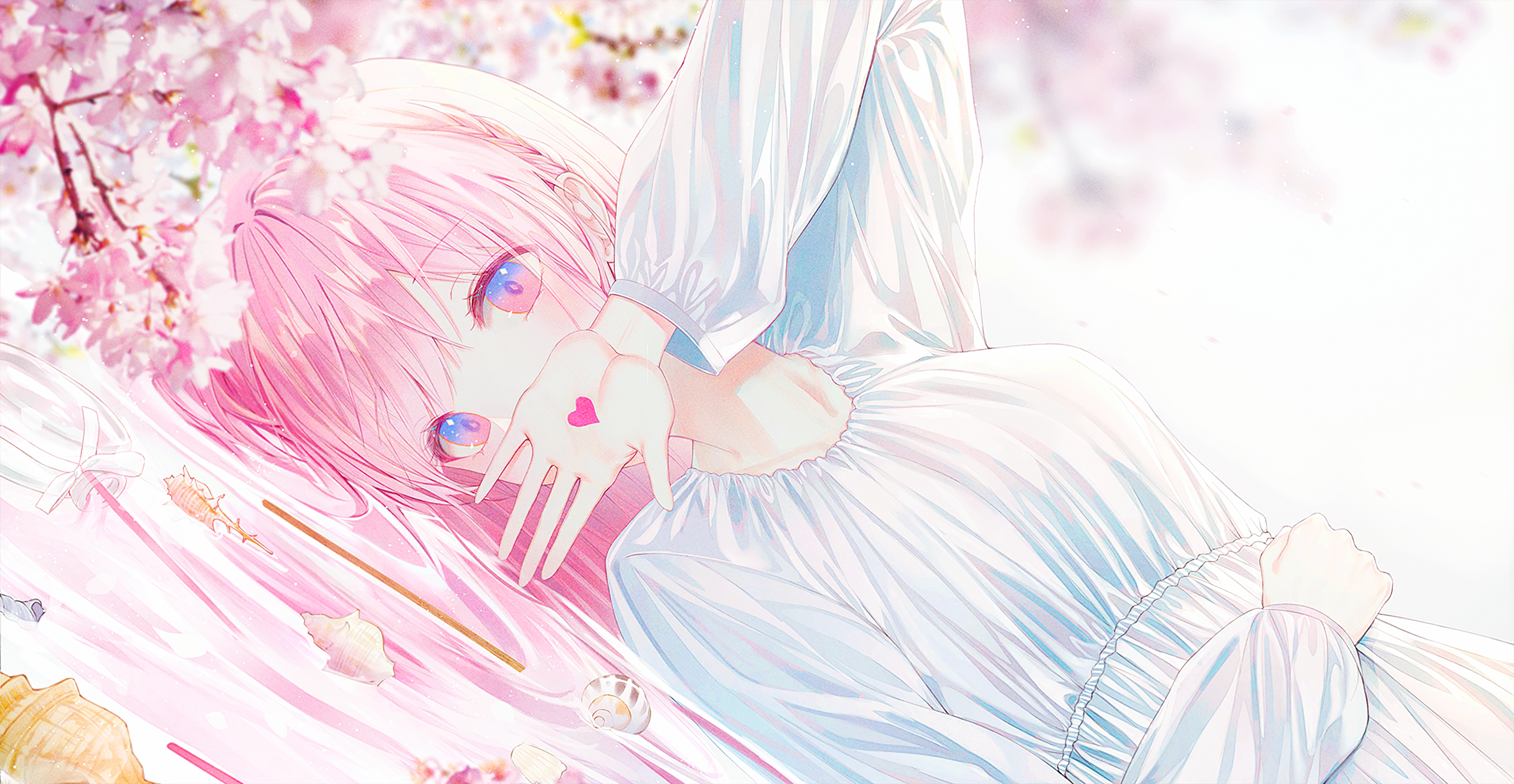 Anime girl with pink hair and blue eyes under cherry blossoms HD Wallpaper