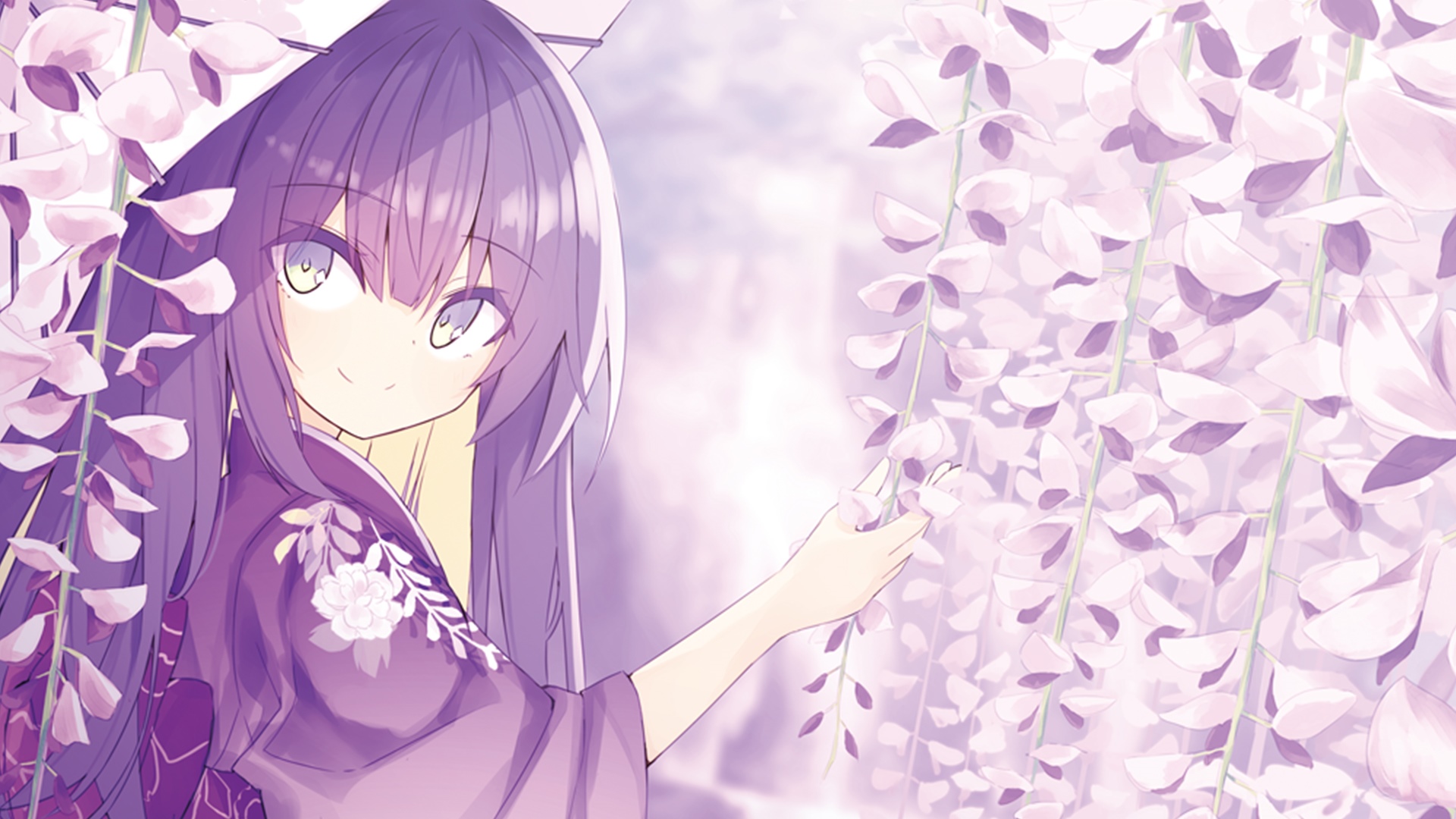 Anime girl in kimono with purple wisteria HD Wallpaper