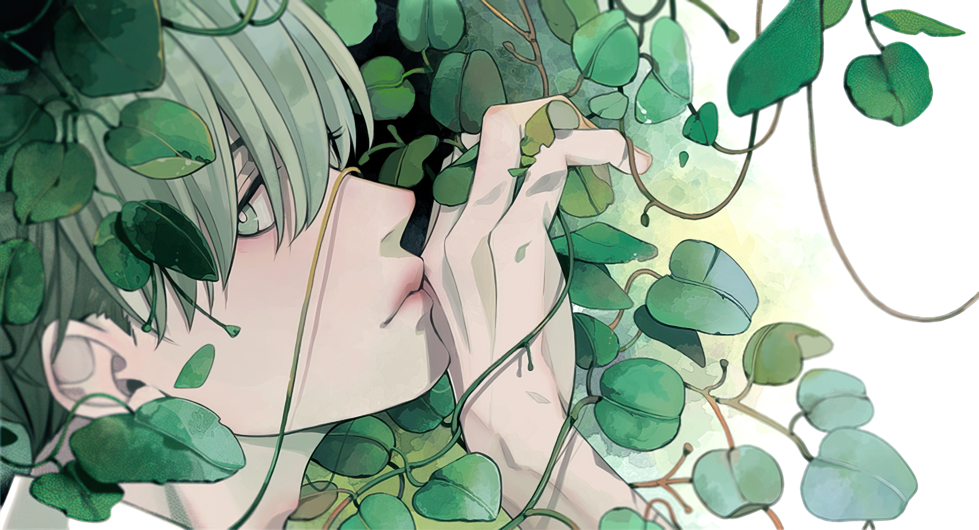 Anime boy with green hair surrounded by plants HD Wallpaper