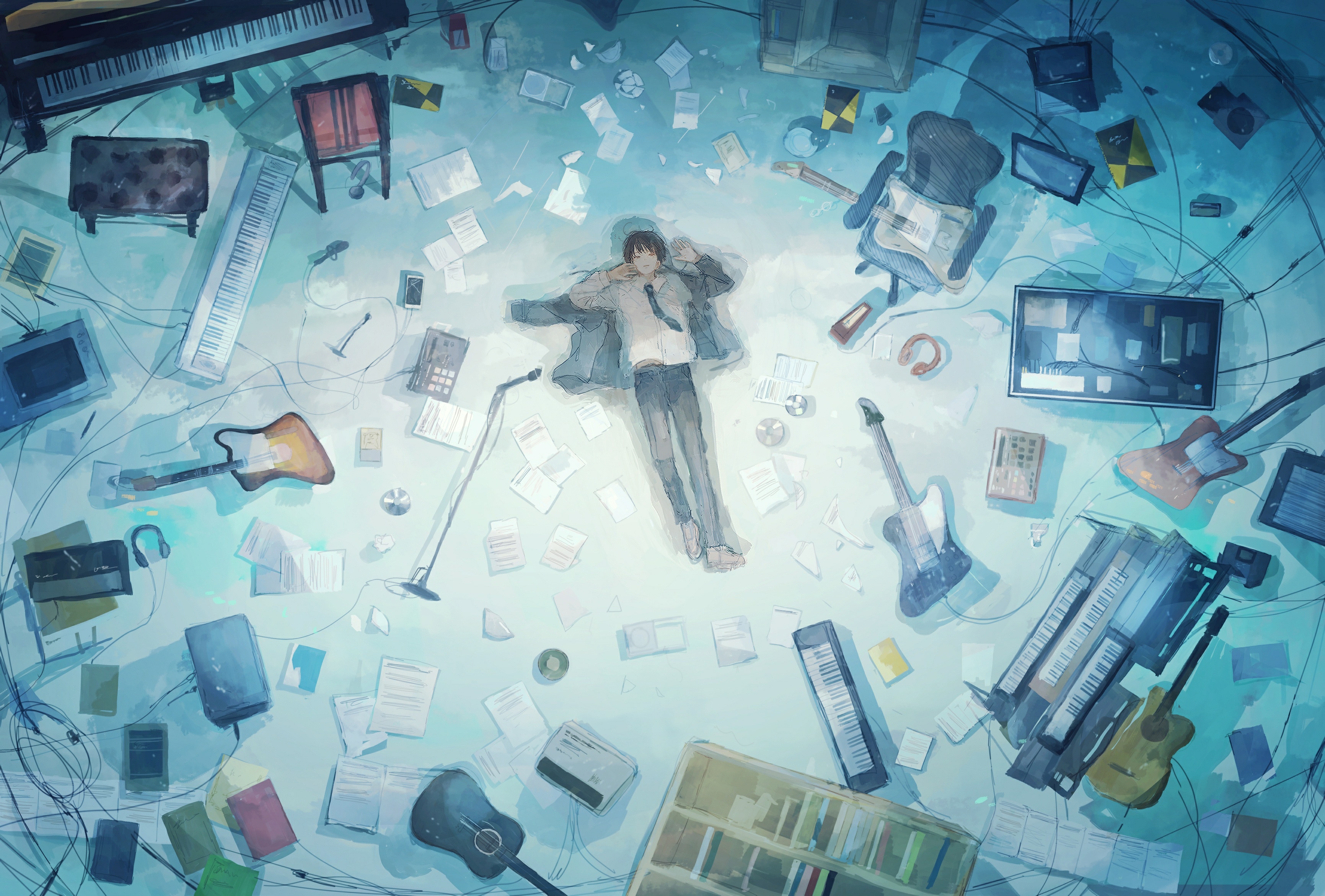 Anime boy lying on floor surrounded by musical instruments and papers HD Wallpaper