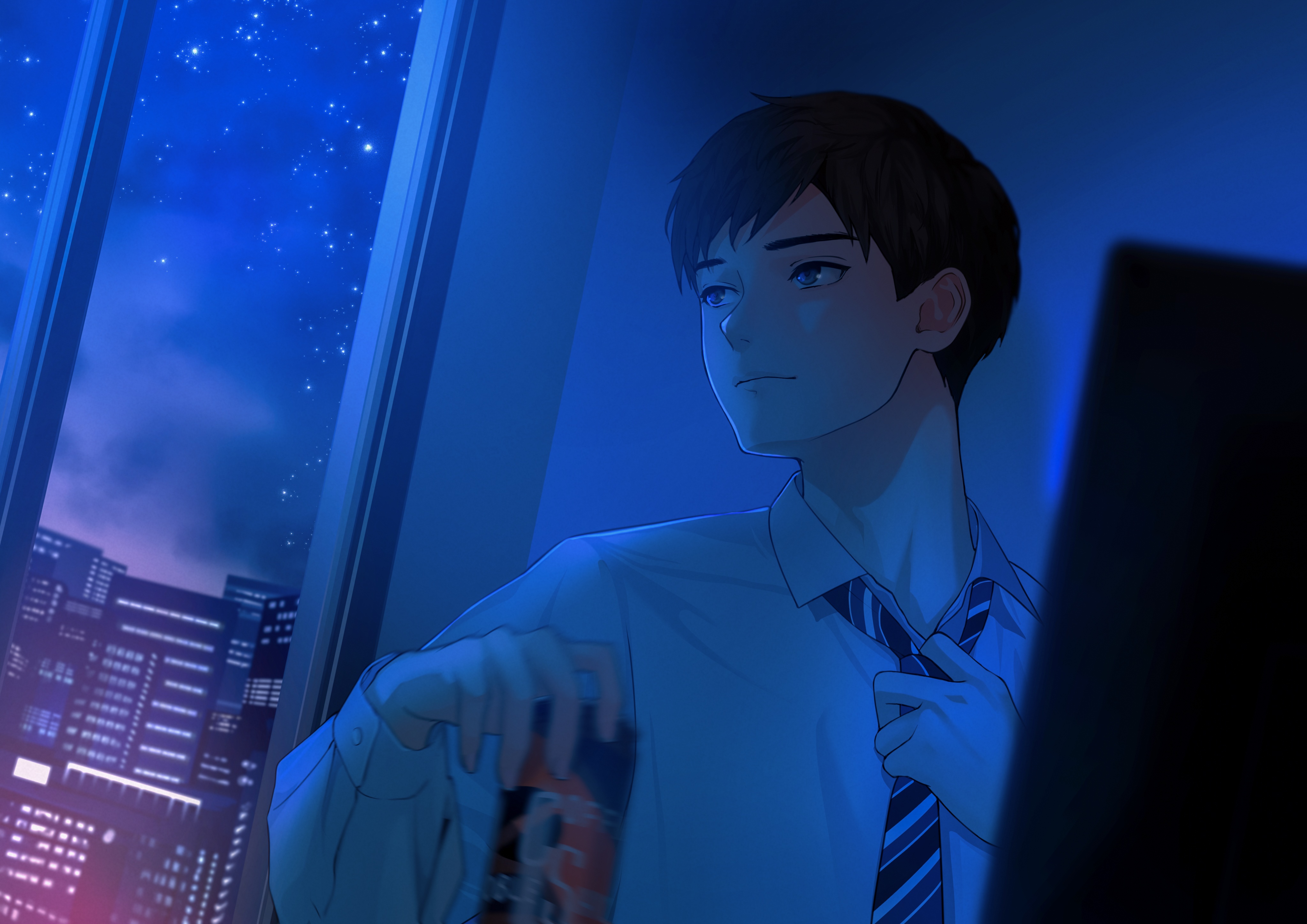 Anime boy in a suit adjusting his tie at night HD Wallpaper