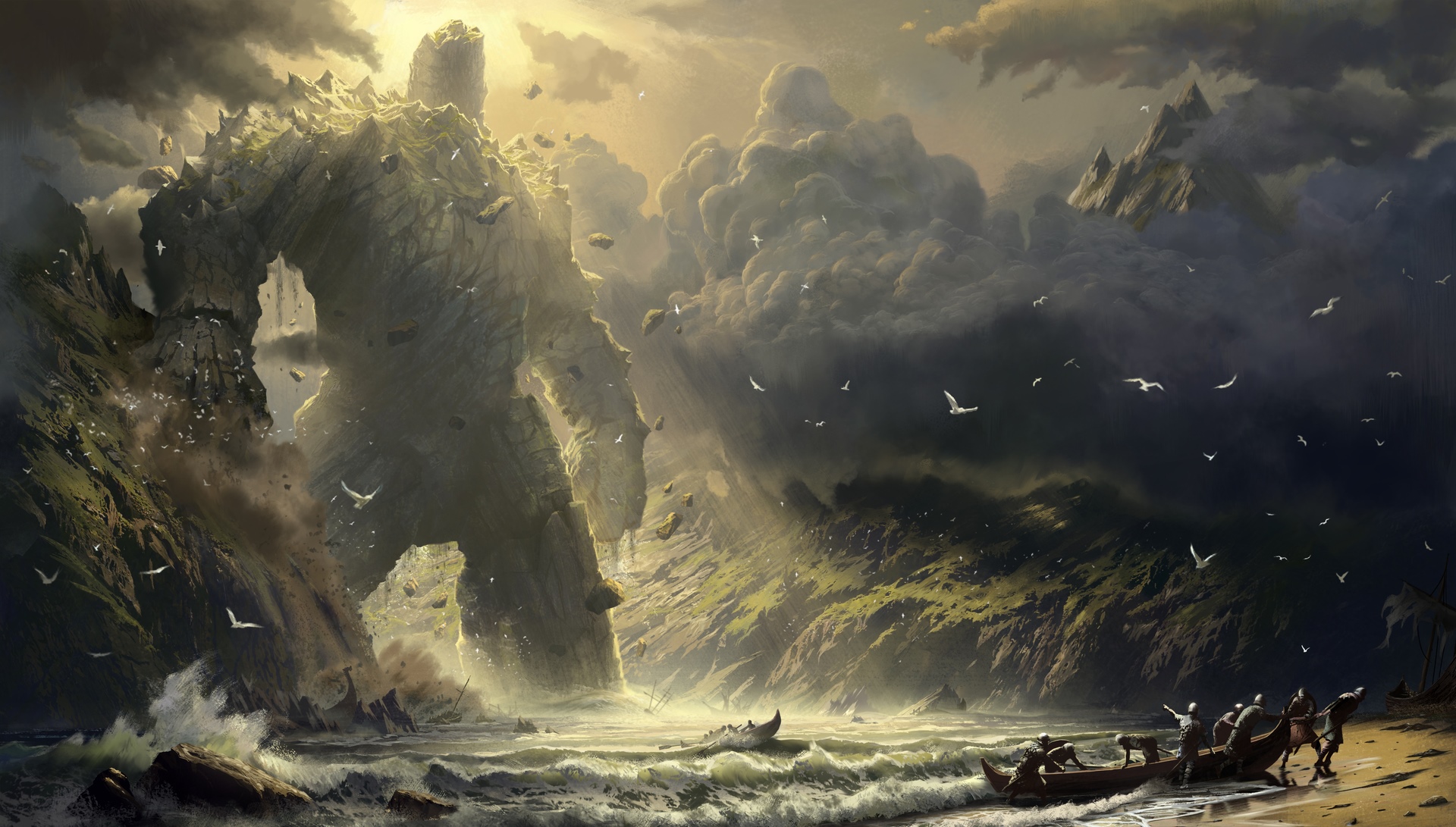 Fantasy art of a colossal stone golem on a rocky coast HD Wallpaper