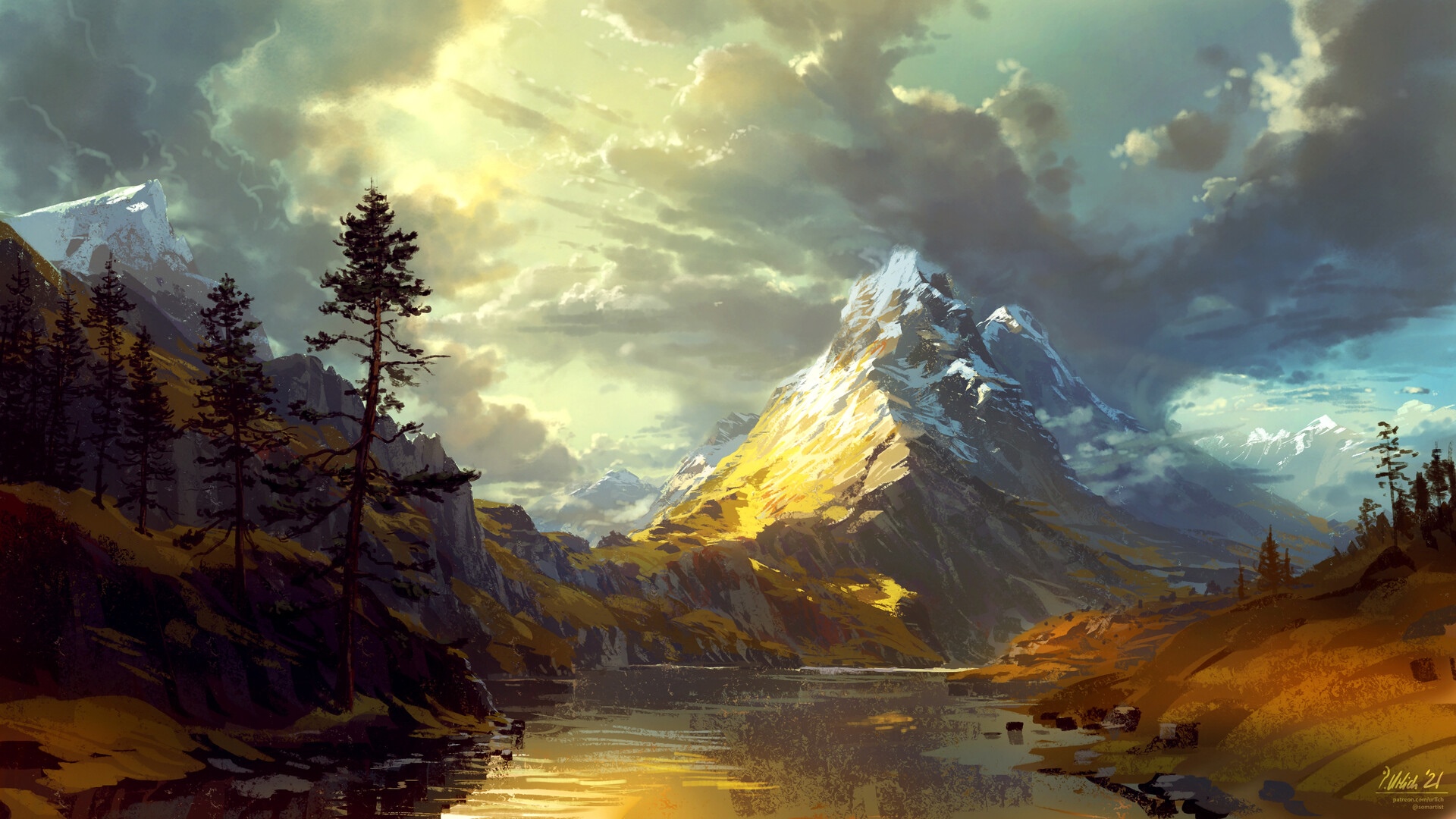 Philipp A. Ulrich painting of a snowy mountain and river HD Wallpaper