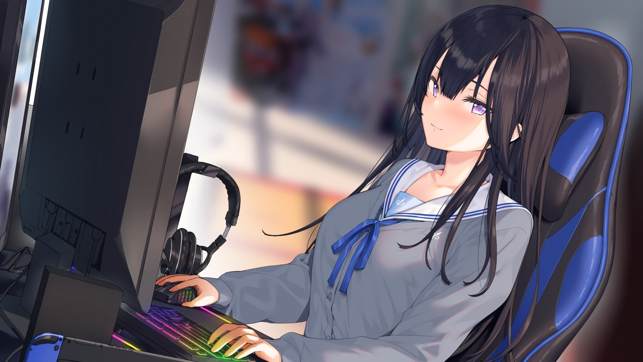 Anime girl with dark hair and purple eyes playing computer HD Wallpaper