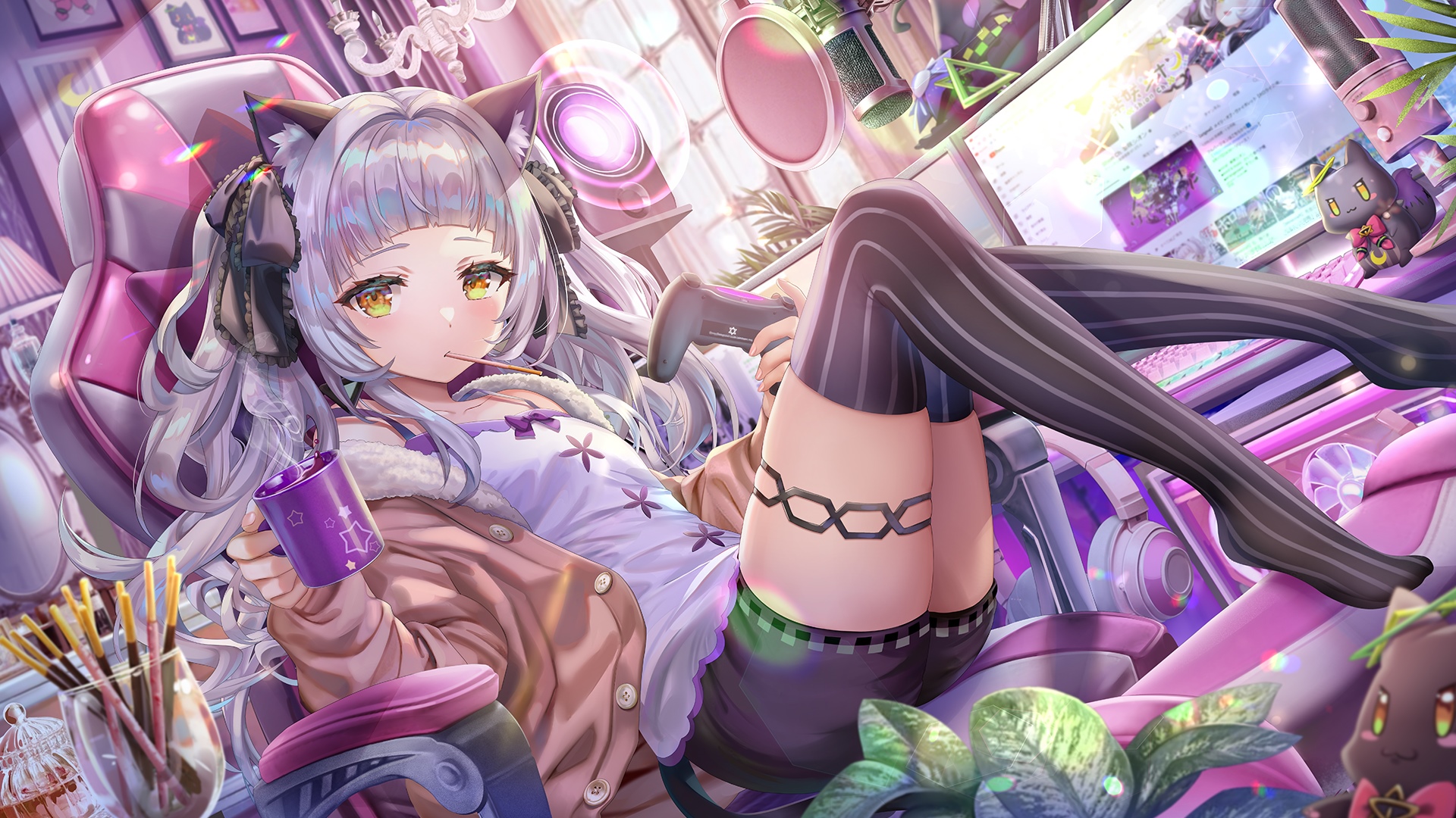Murasaki Shion playing video games with a drink HD Wallpaper