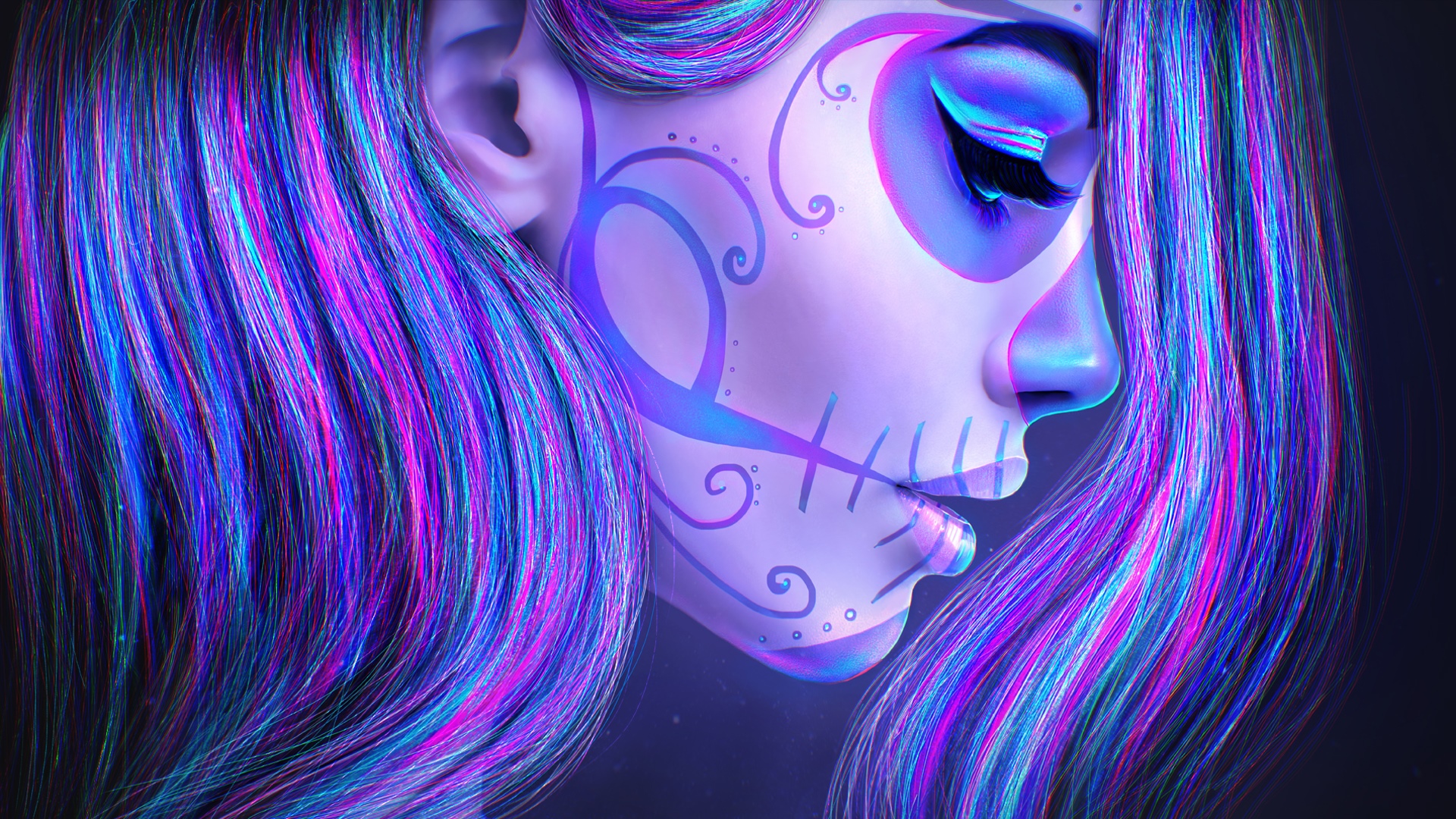 Woman with Sugar Skull face paint and colorful hair HD Wallpaper