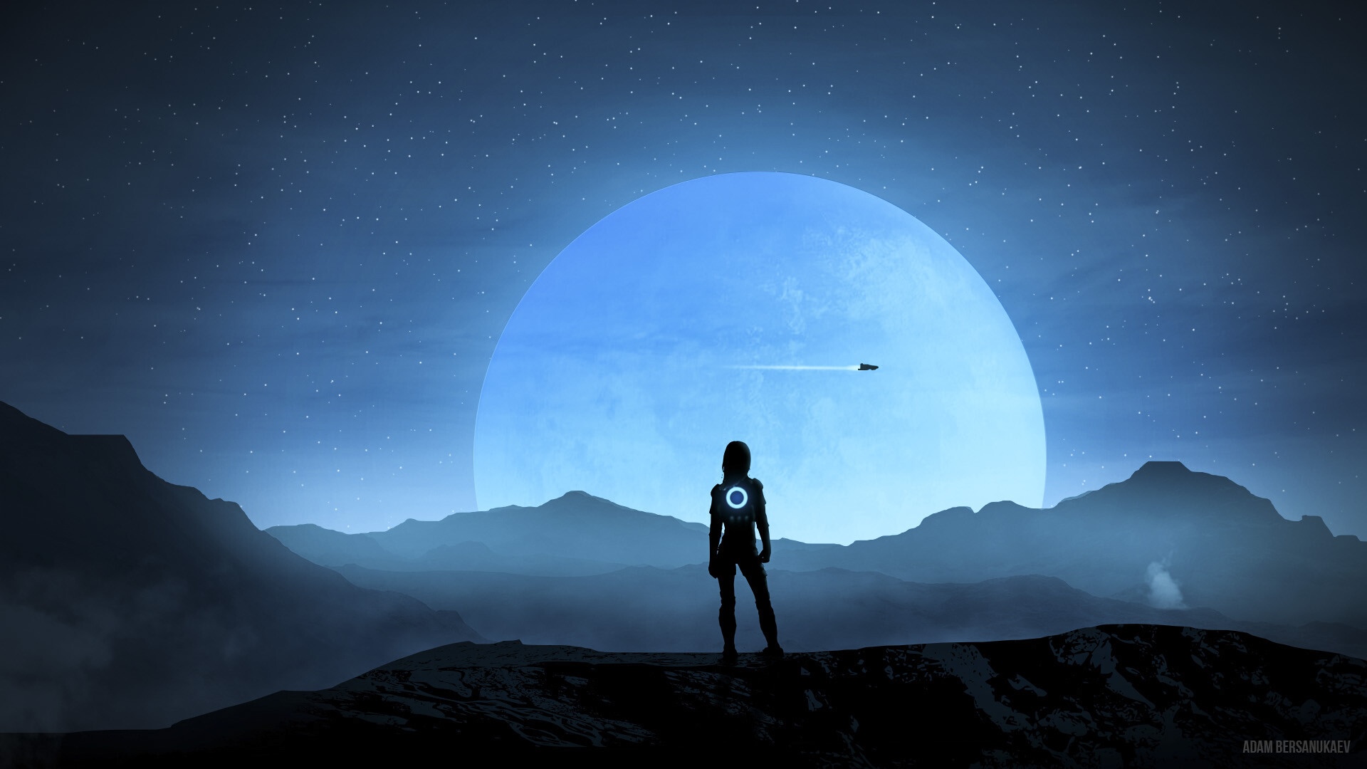Futuristic astronaut looking at a large blue moon and a spaceship HD Wallpaper