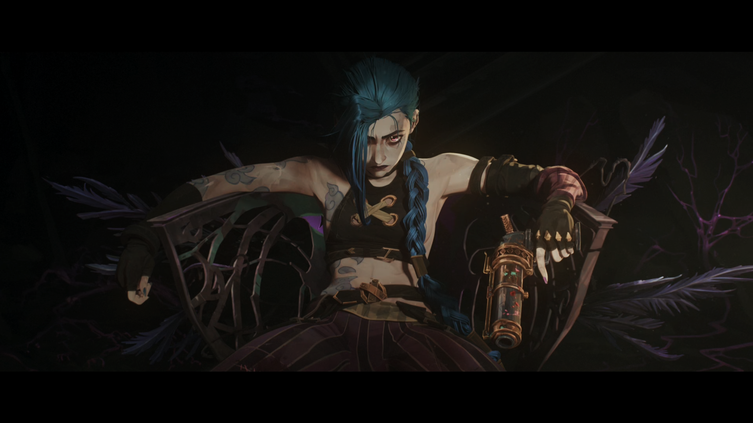 Jinx from Arcane sitting on a throne HD Wallpaper