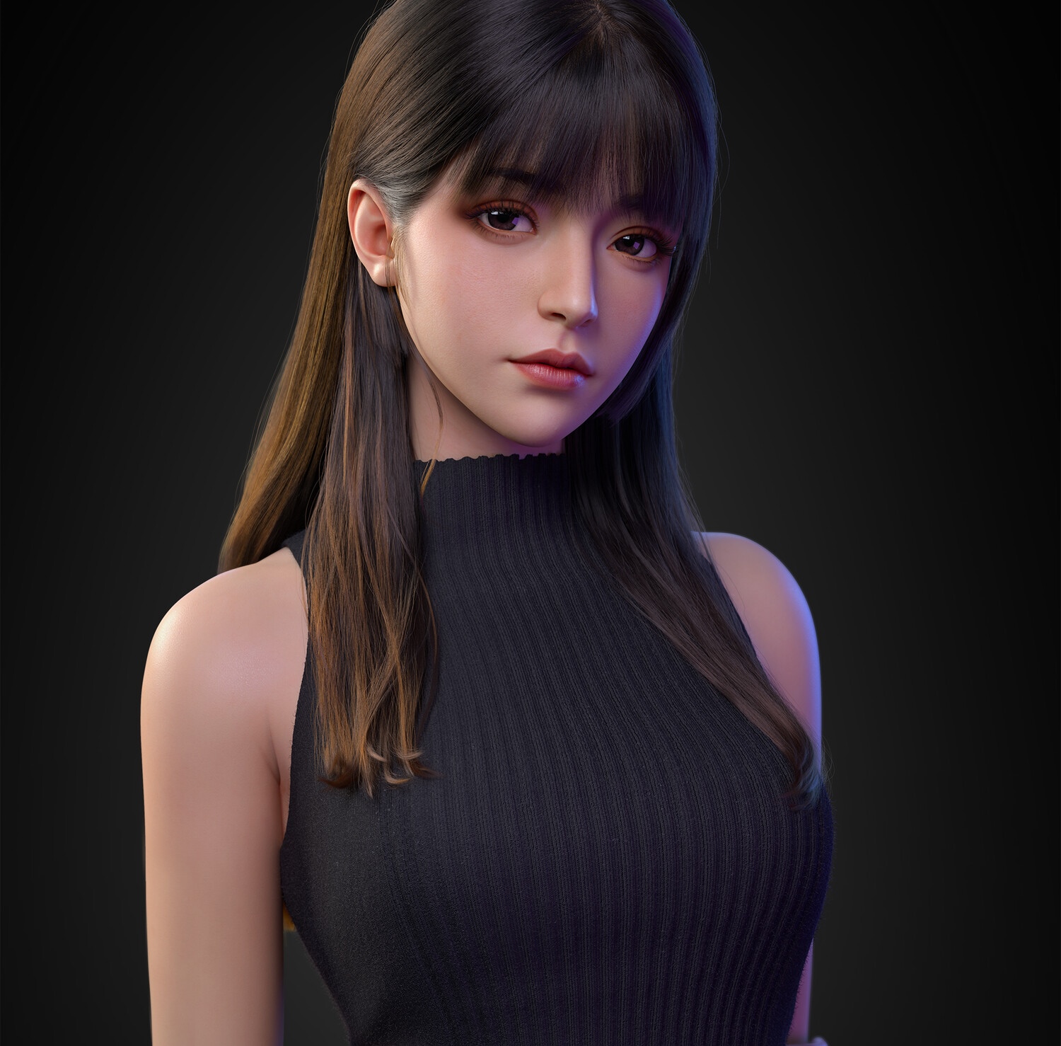 Asian woman with long dark hair and bangs HD Wallpaper