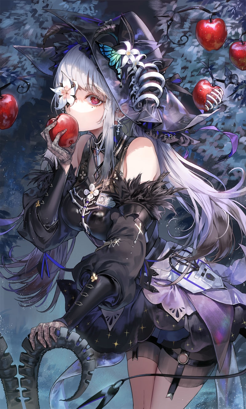 Witch with silver hair eating an apple HD Phone Wallpaper