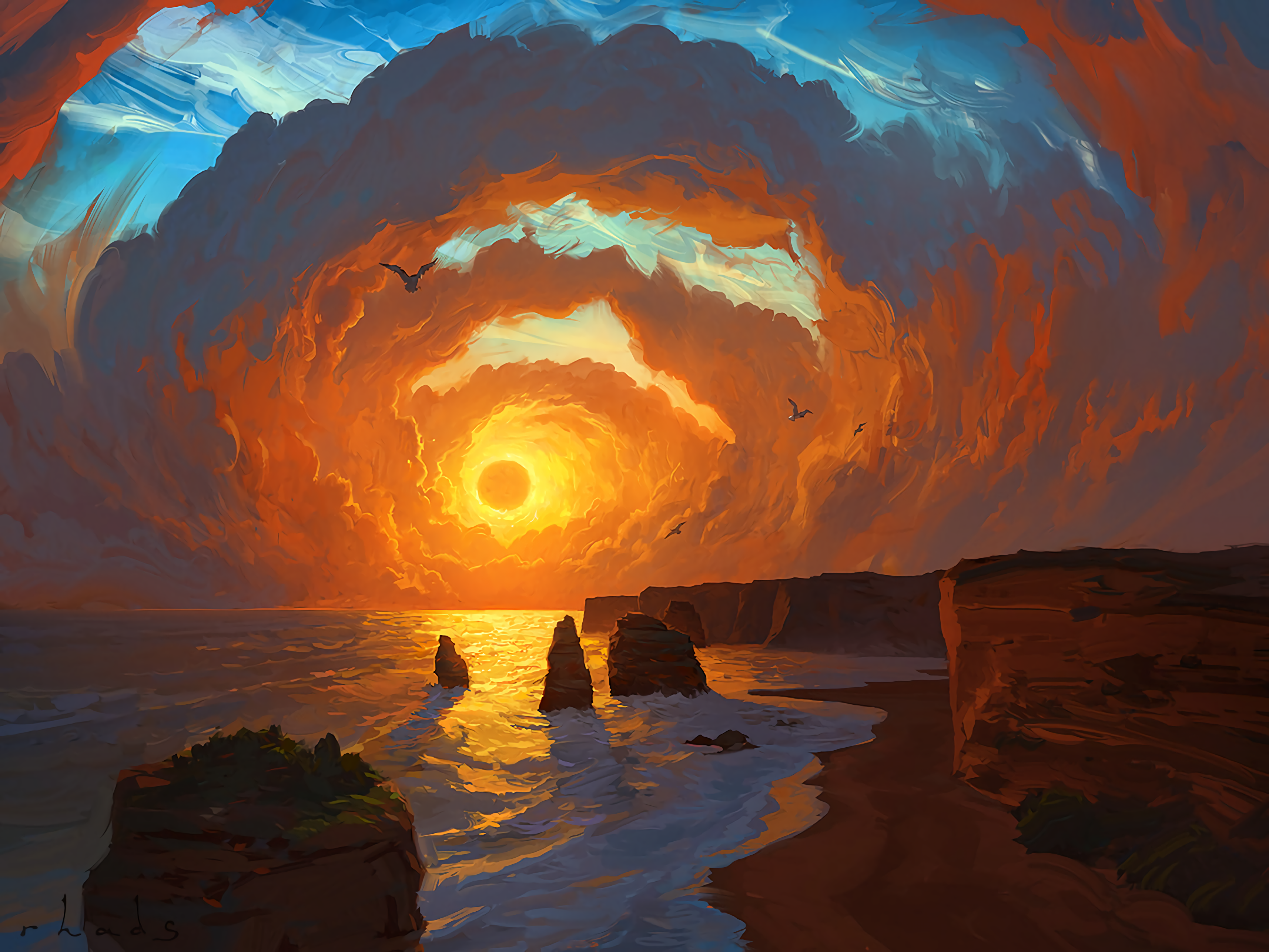 Sunset over the ocean with rock formations and cliffs HD Wallpaper