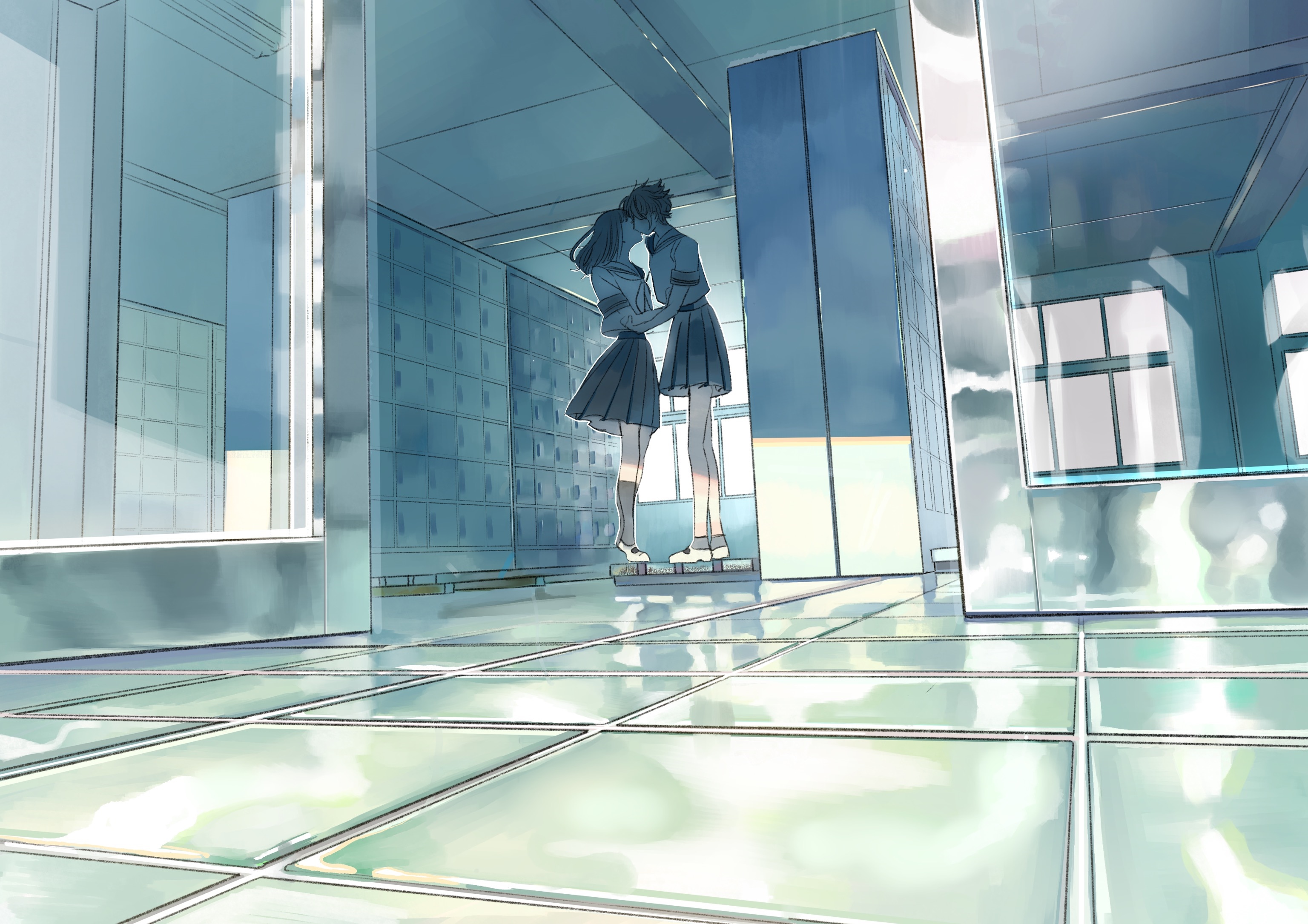 Anime couple kissing in a school hallway HD Wallpaper