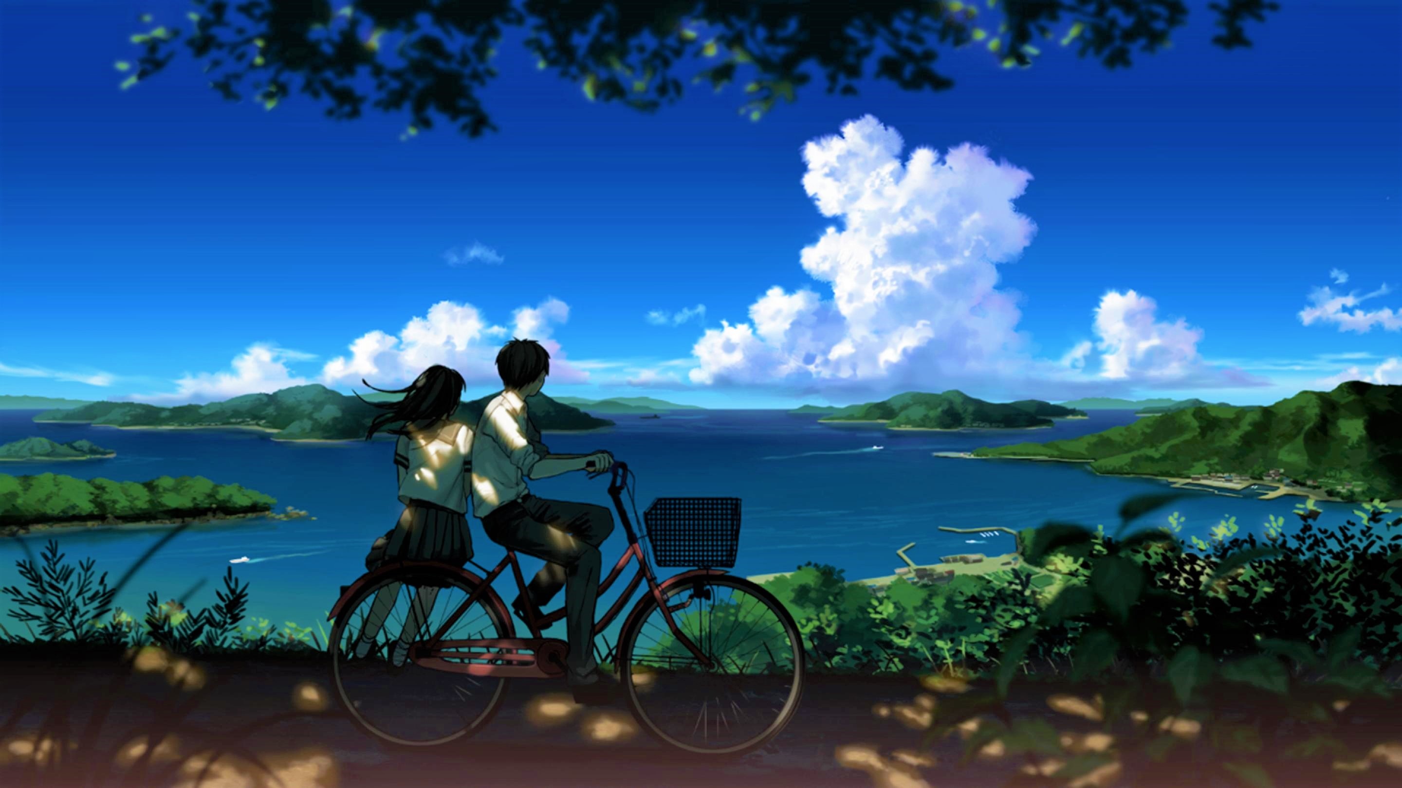 Anime couple riding a bicycle overlooking islands HD Wallpaper