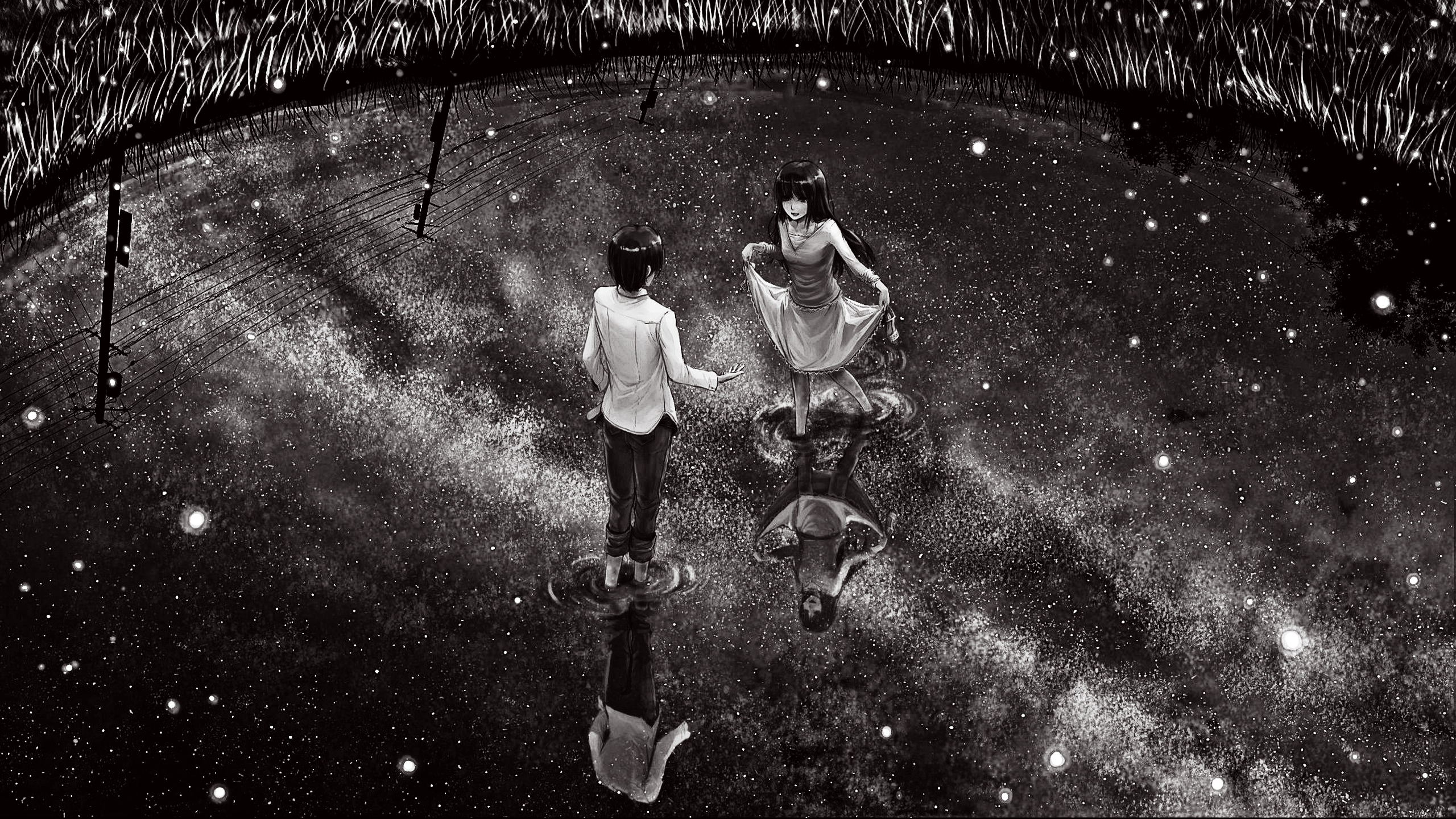 Anime couple standing in a starry pool HD Wallpaper