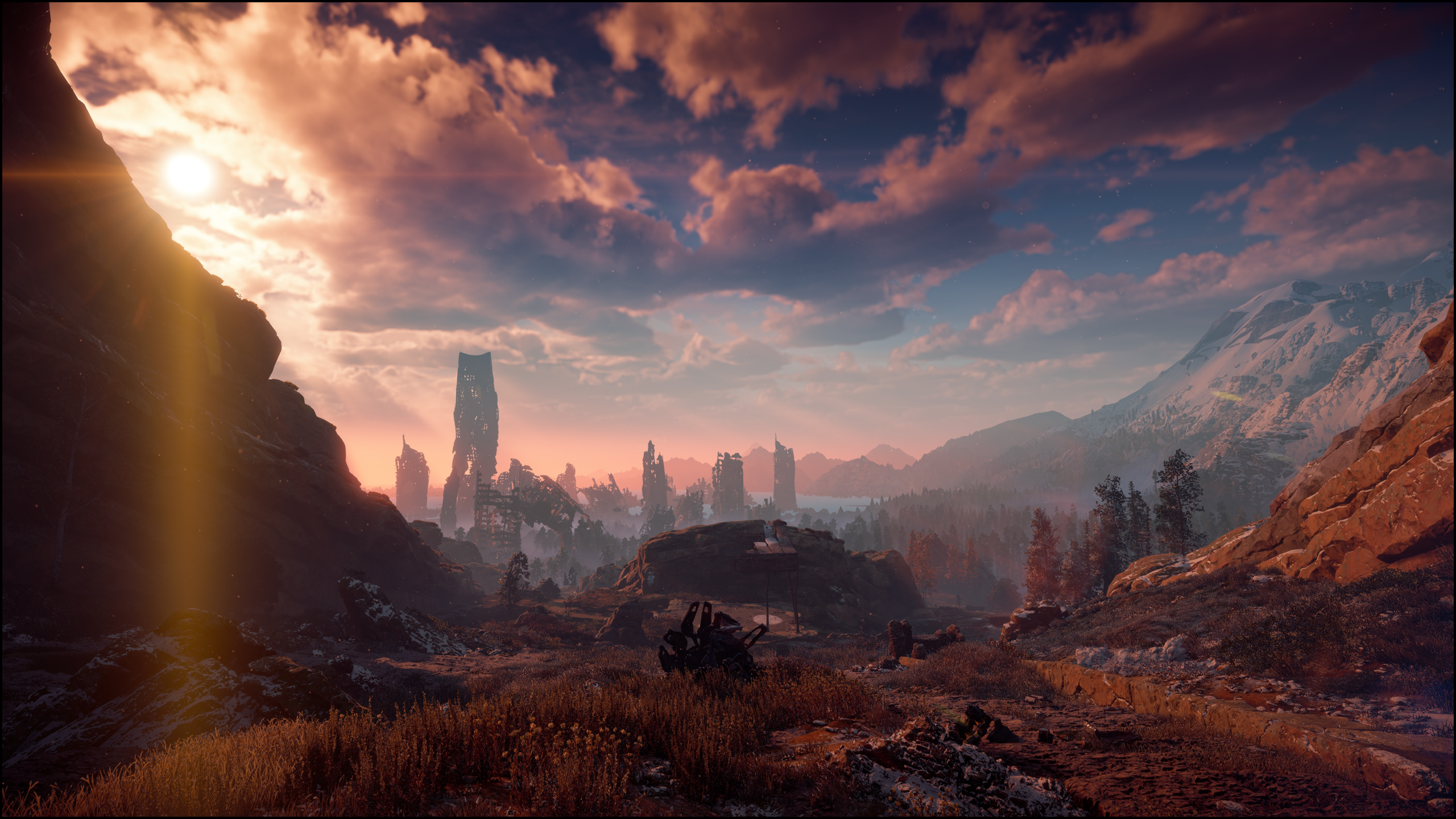 Horizon Zero Dawn landscape with ruins and mountains HD Wallpaper