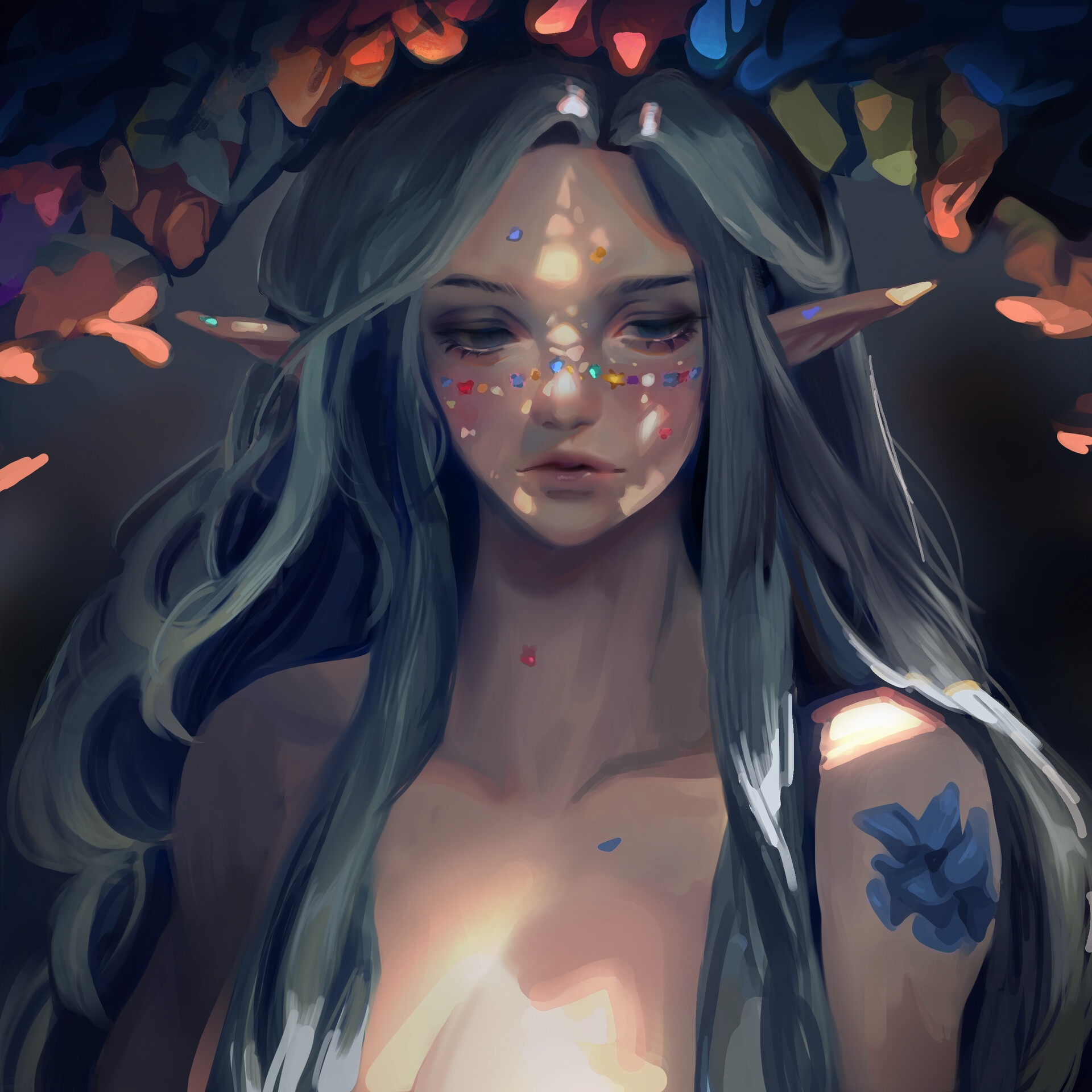 Fantasy art of an elf with colorful face markings HD Wallpaper