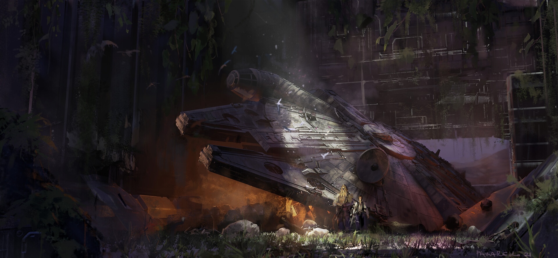 Millennium Falcon crashed in overgrown ruins HD Wallpaper