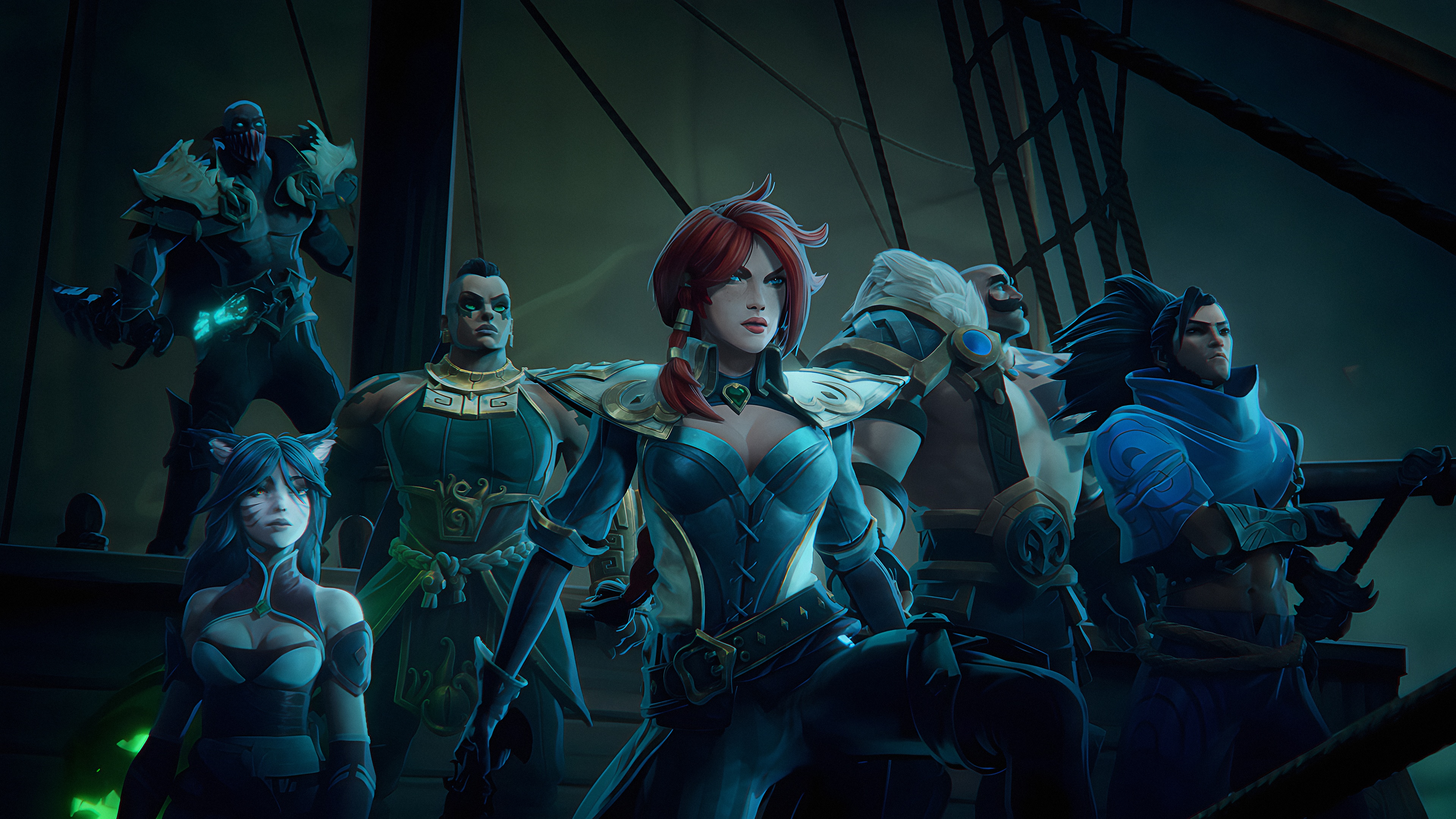 League of Legends characters on a ship deck HD Wallpaper