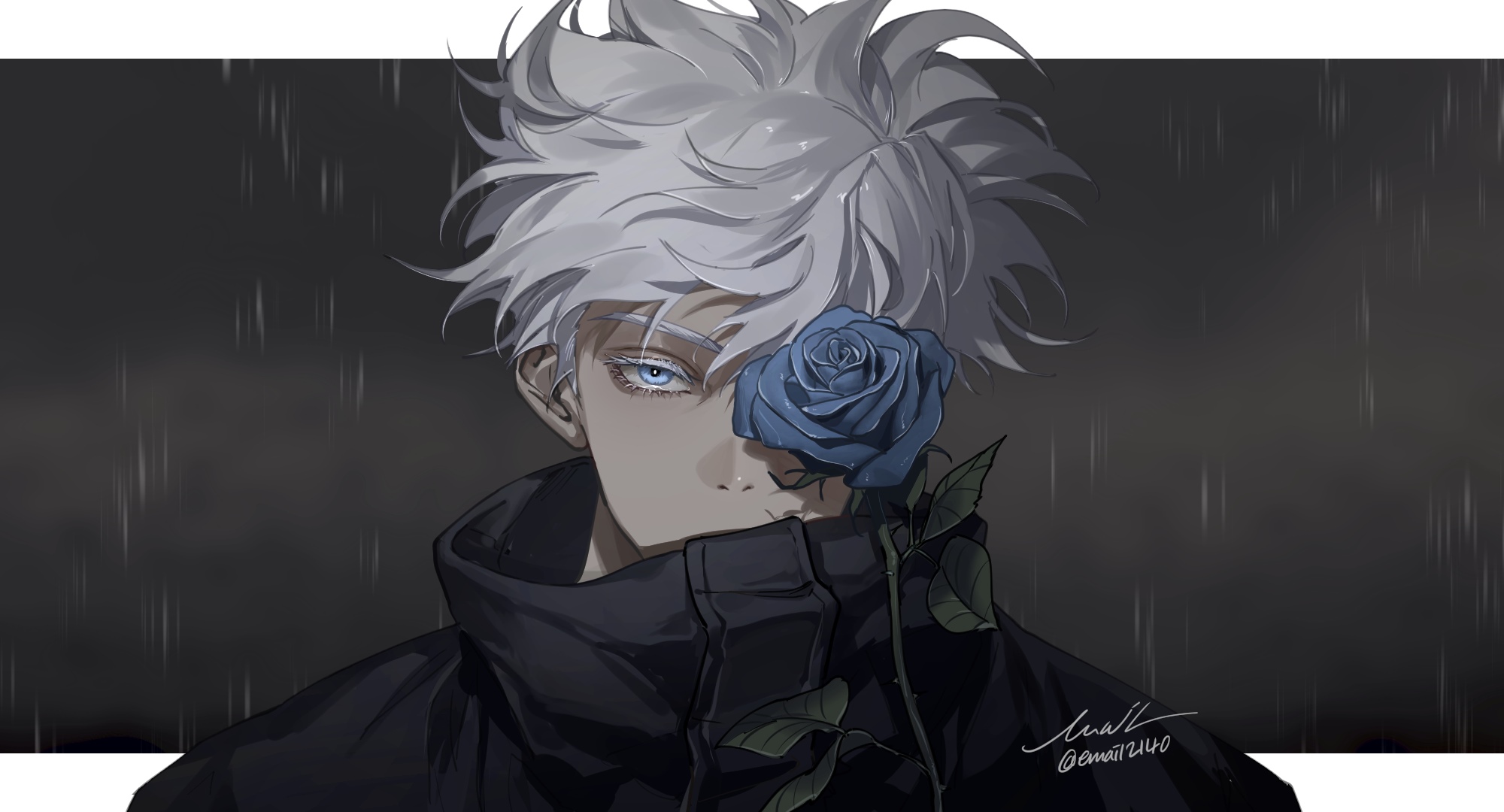 Satoru Gojo with a blue rose in the rain HD Wallpaper