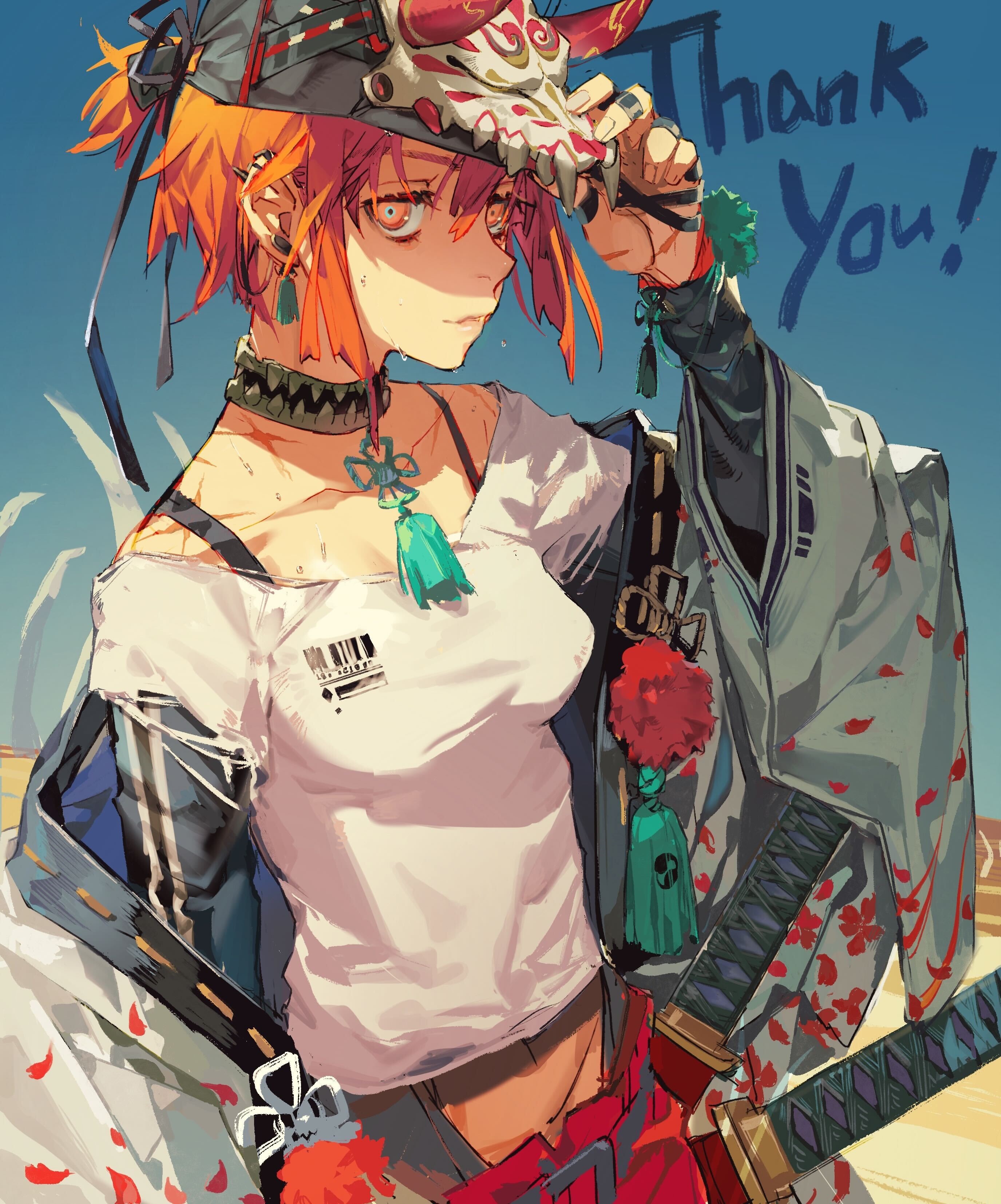 Anime girl with orange hair and mask HD Phone Wallpaper