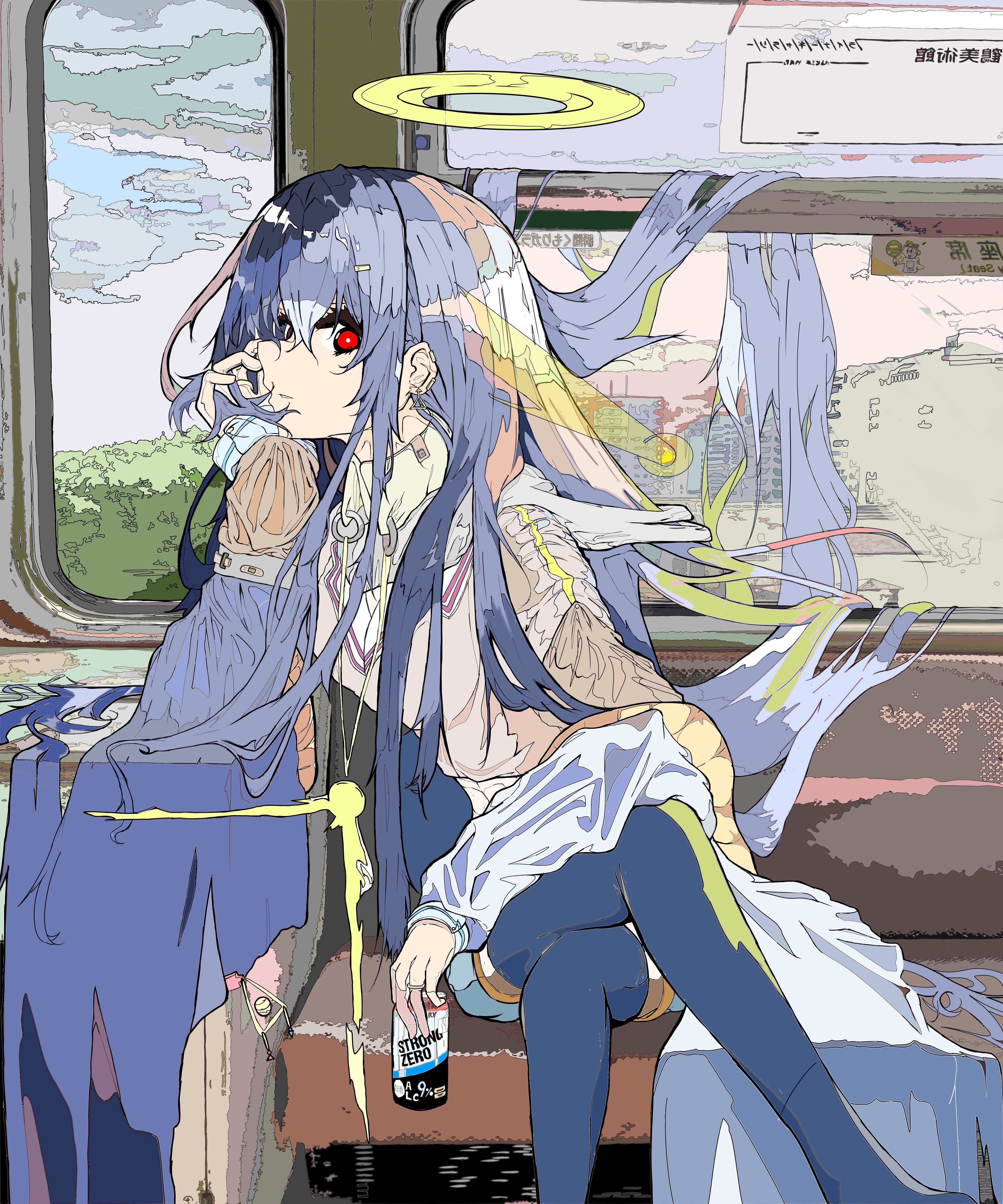 Girl with purple hair and red eyes on a train HD Phone Wallpaper