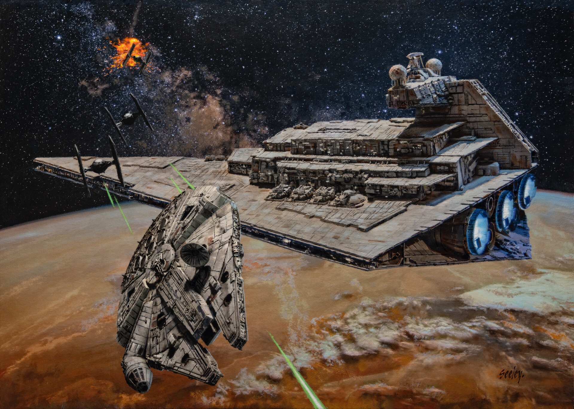 Star Wars: Millennium Falcon and Star Destroyer battle HD Wallpaper