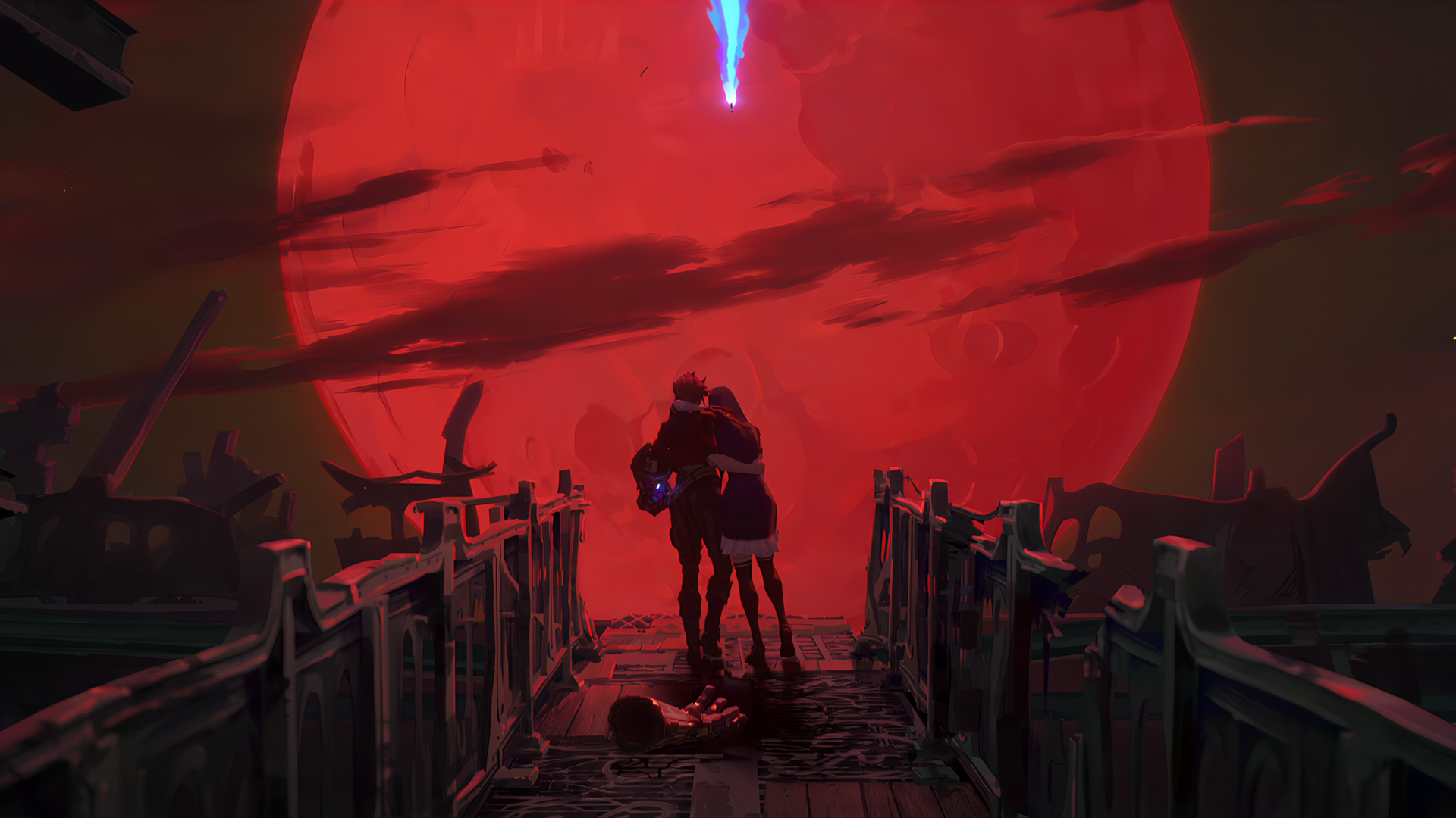 Arcane: Vi and Caitlyn embrace under a red moon HD Wallpaper