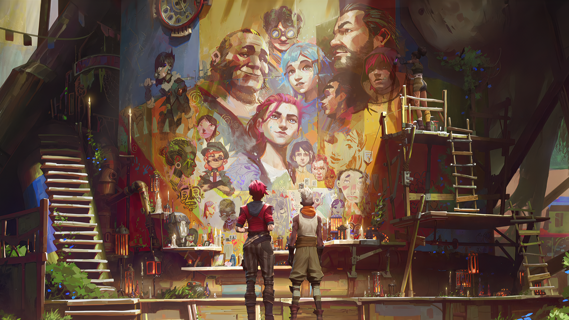 Ekko and Vi admire a mural of Arcane characters HD Wallpaper