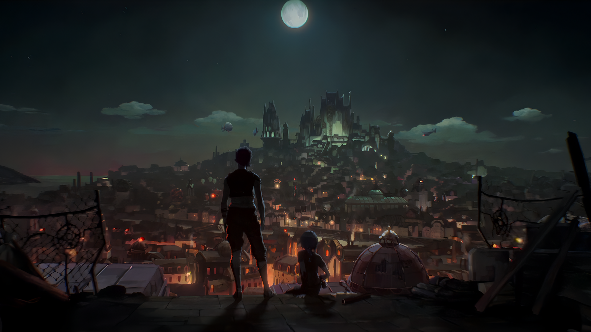 Arcane: Vi and Jinx overlook the city at night HD Wallpaper