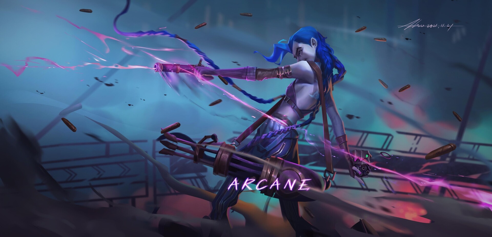 Jinx from Arcane firing guns with purple energy HD Wallpaper