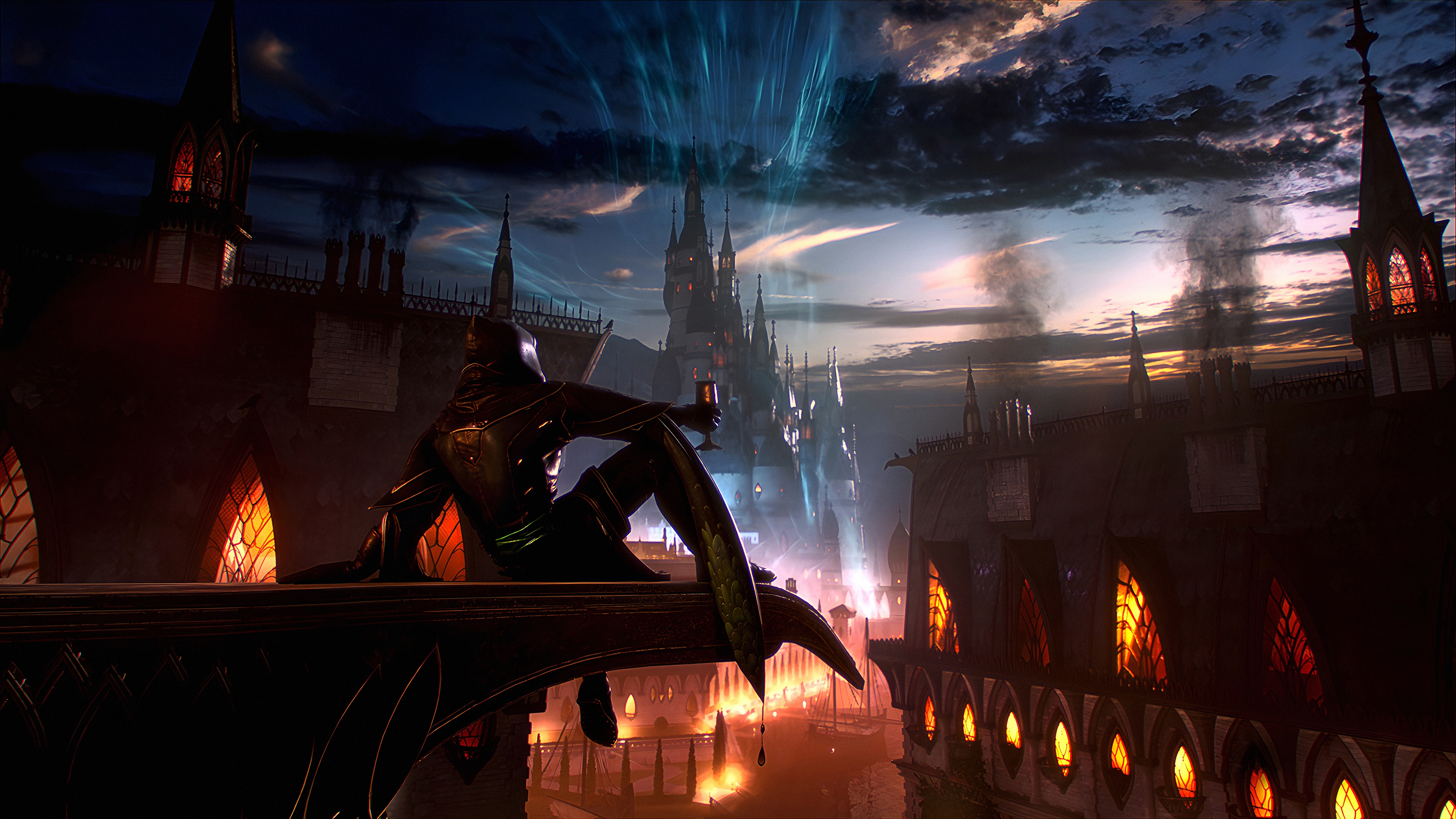 Dragon Age 4K castle scene with figure HD Wallpaper