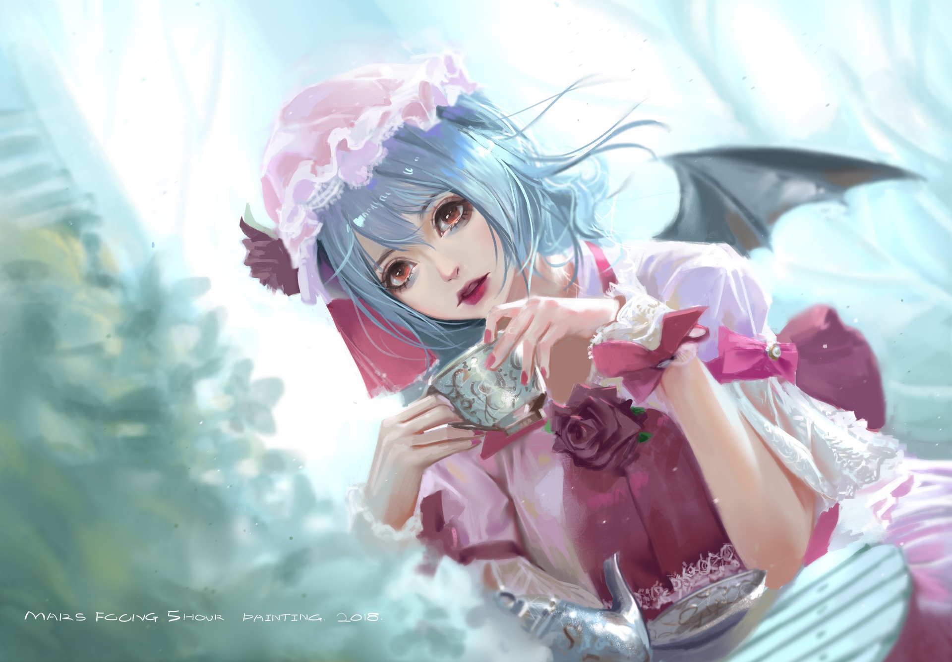 Remilia Scarlet holding a teacup, painted by Mars Foong HD Wallpaper