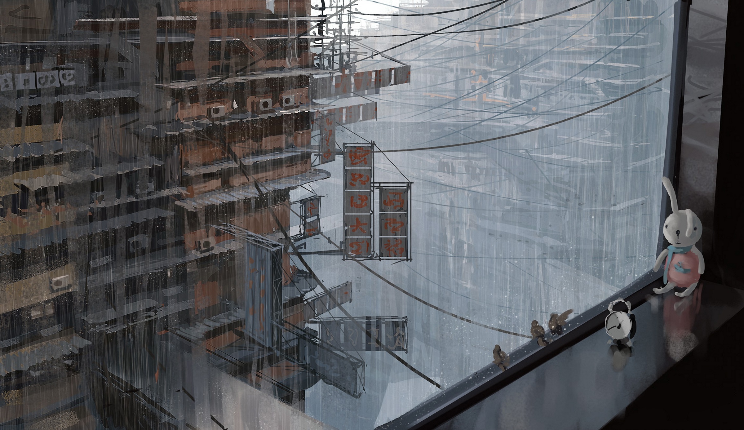 Anime cityscape in the rain with a toy bunny HD Wallpaper