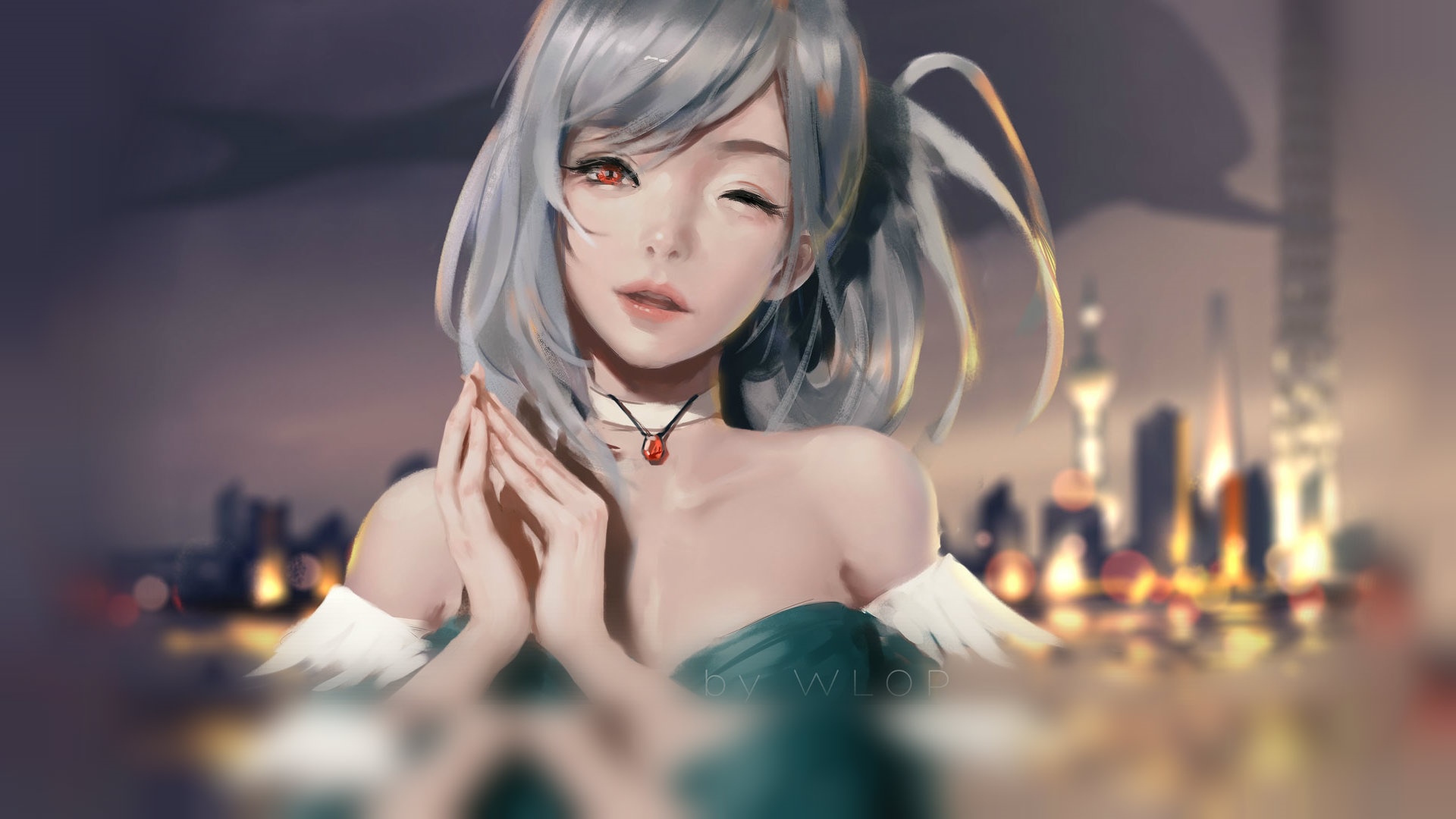 Woman with silver hair and red eyes by WLOP HD Wallpaper