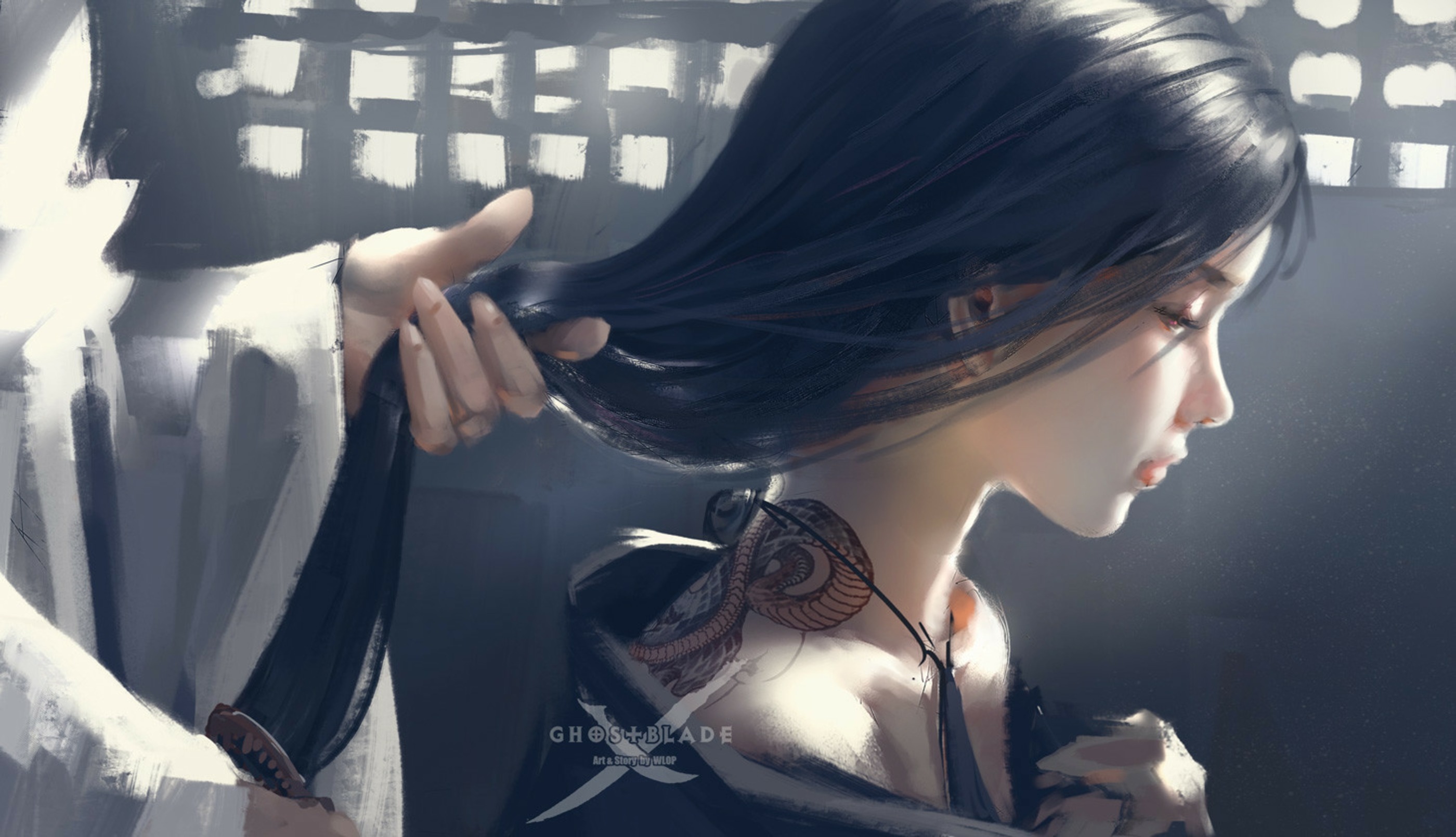 Ghostblade: A woman with a snake tattoo HD Wallpaper